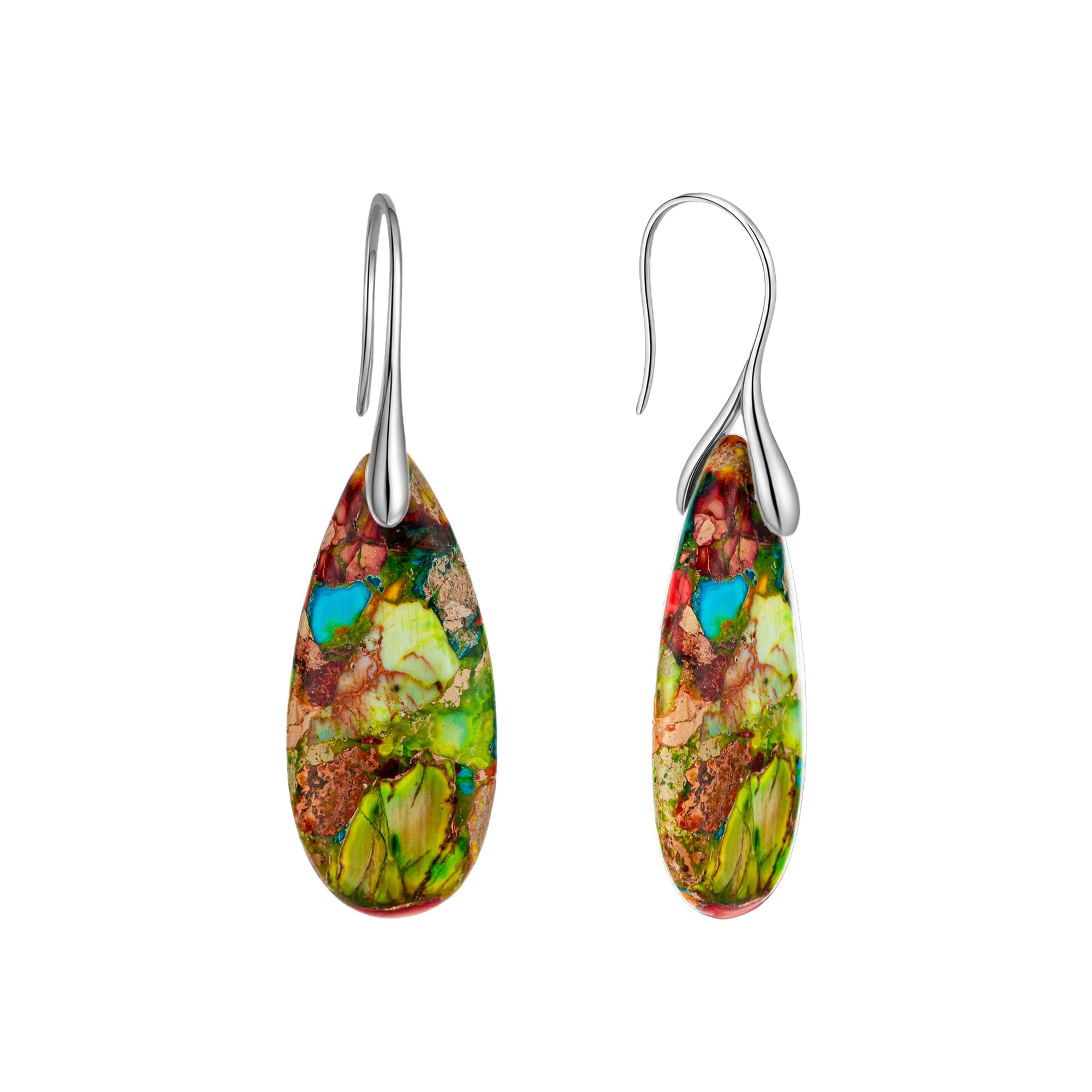 925 Sterling Silver Natural Imperial Jasper Dangle Drop Earrings, Waterdrop Shape, Boho Style
