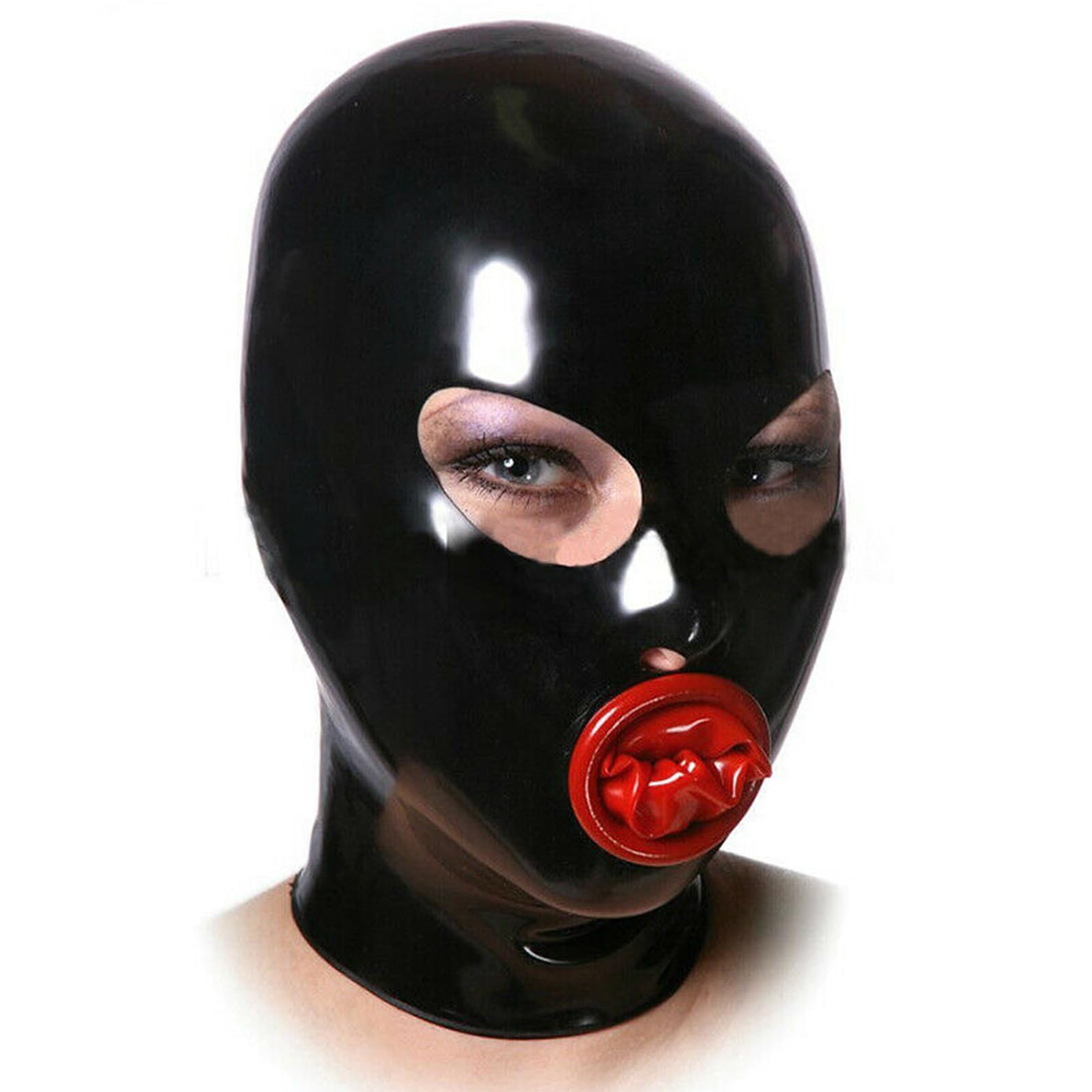 DSPENGS Latex Hood Rubber Face Head Cover All Inclusive with Inner Red Mouth Condom Back Zipper for BDSM Unisex(Size:XL)