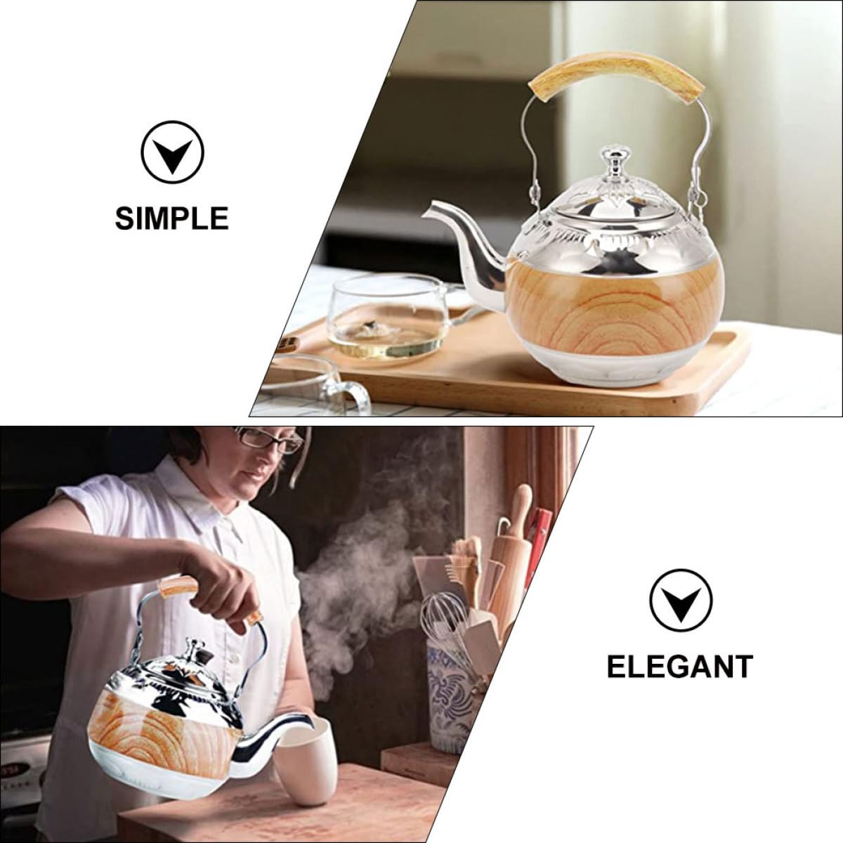 Tetera de Acero Inoxidable con Asa 1L Capacidad Grande, Diseño Elegante y Resistente, Fácil para Verter Té en Ambientes