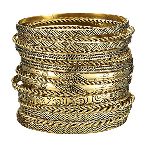 ENSOUL Antique Gold Color Flower Mixed Metal Aztec African Indian Vintage Multi Bangle&Bracelets For Women Set of 19