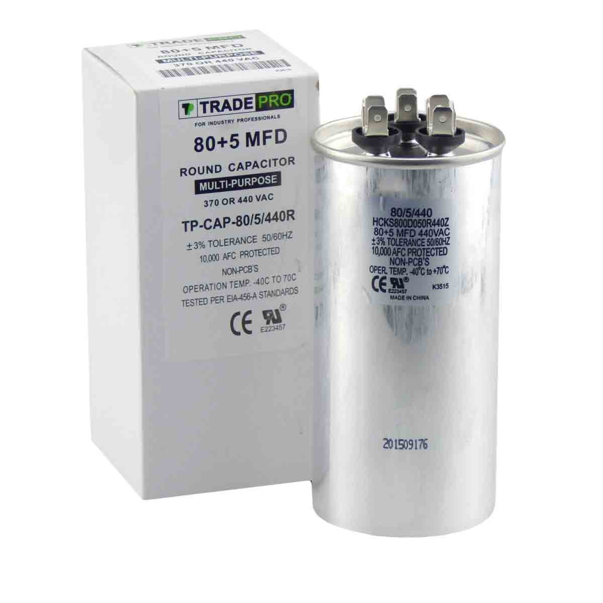 80/5 MFD 440 or 370 Volt Round Run Capacitor Replacement TradePro 80+5