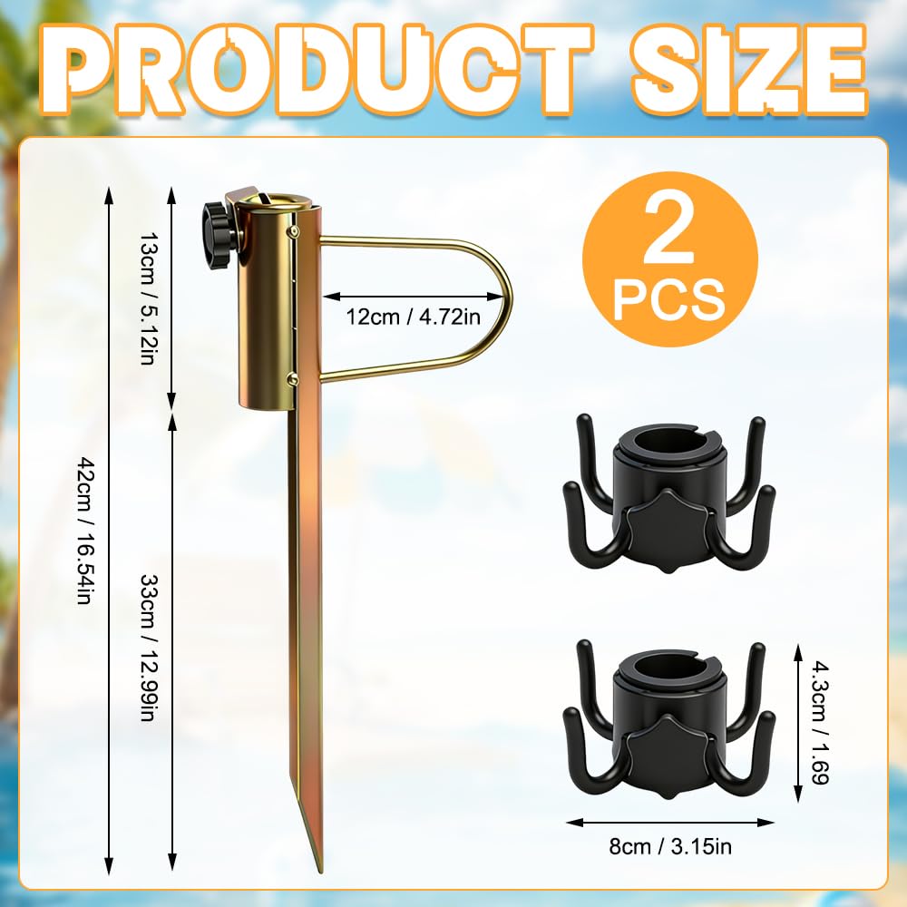 2 szt. Stojak na parasol plażowy, metalowy pik do parasola z 2 haczykami, drapak na trawnik do stojaka na parasol (średnica 20-32 mm)