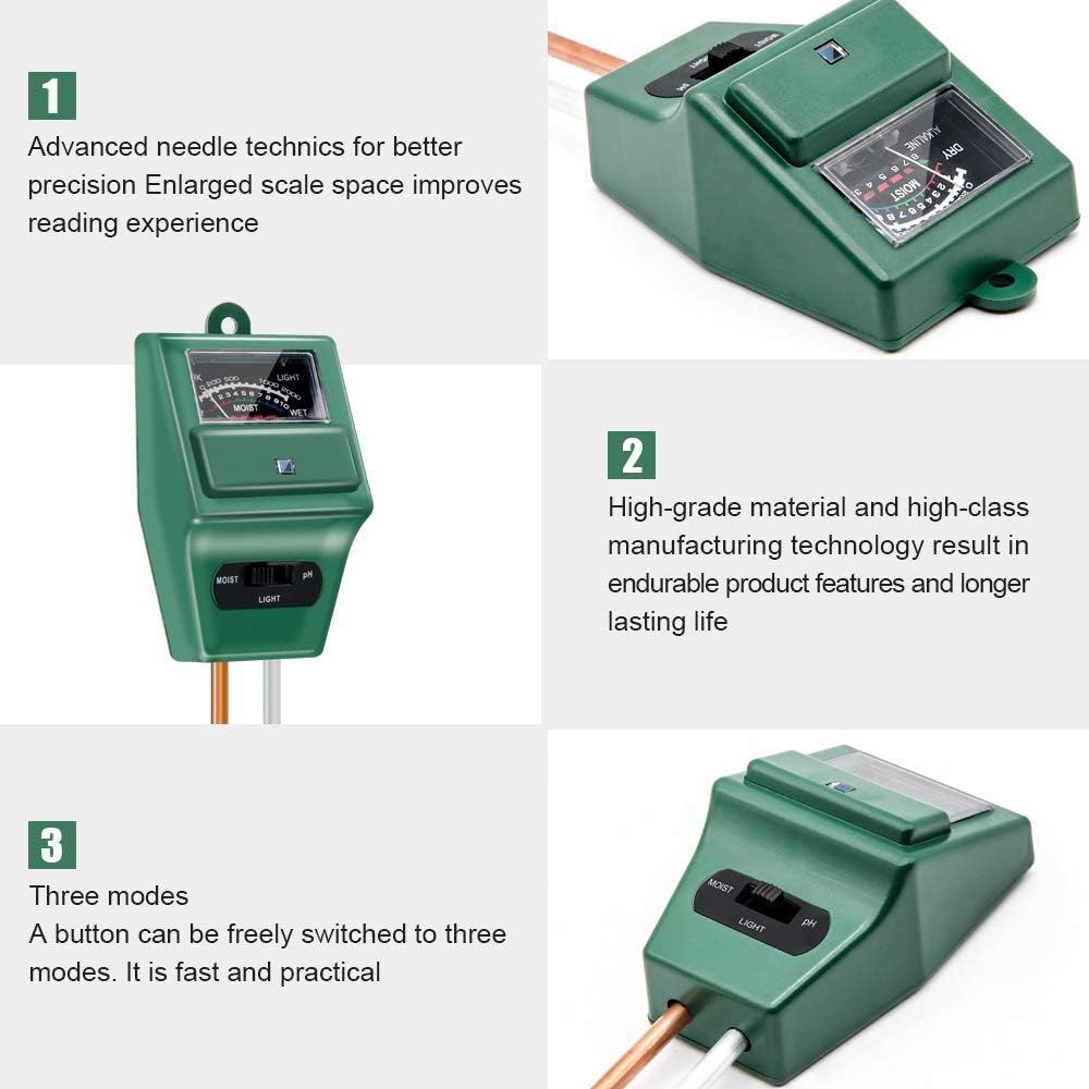 SONKIR Soil pH Meter, MS02 3-in-1 Soil Moisture/Light/pH Tester Gardening Tool Kits for Plant Care, Great for Garden, Lawn, Farm, Indoor & Outdoor Use (Green) : Patio, Lawn & Garden
