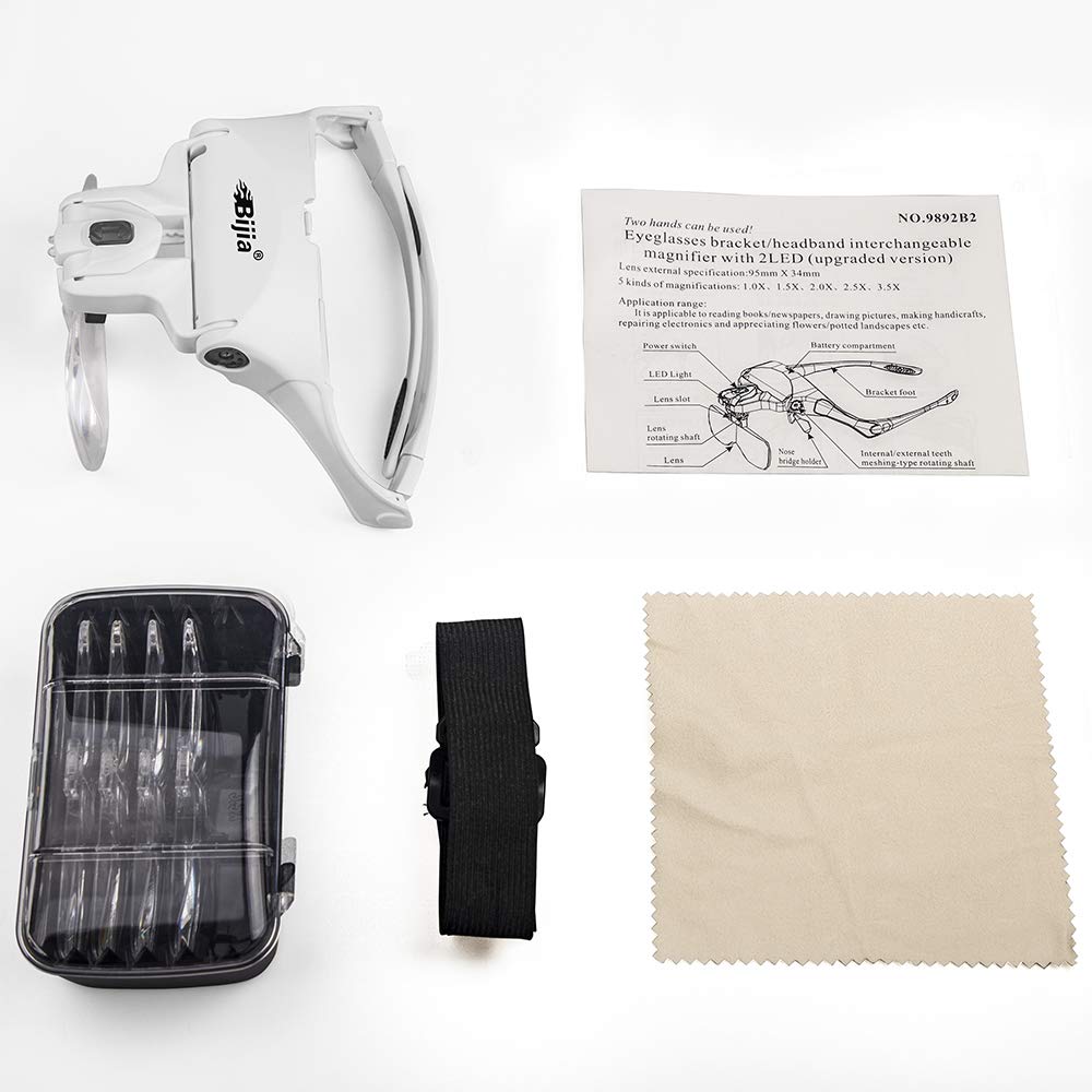 BIJIA Lupenbrille mit 2 LED Licht Hände Frei Kopfband Lupen Standlupe für Hobby, Lesen, Elektriker, Juweliere, Nähen, Reparatur, und ältere Menschen,5 Wechselobjektive(1.0X bis 3.5X)