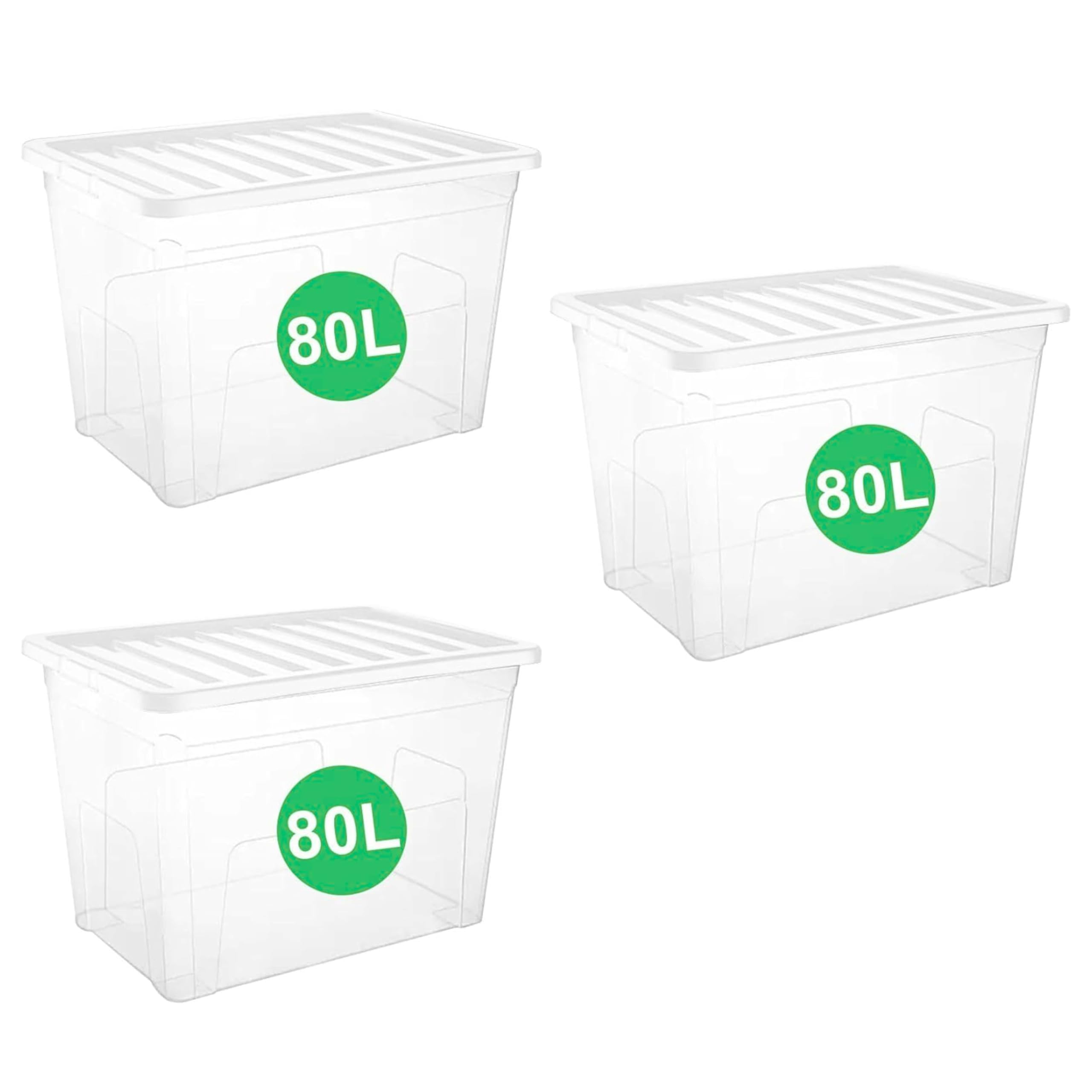 Adeptna Set Of 3 X 80L Clear Plastic Storage Boxes With Lids Strong Bpa-Free Stackable Containers Durable Multipurpose Nesting Box For Home, Kitchen, Garage, Office (80L / 3Pk)