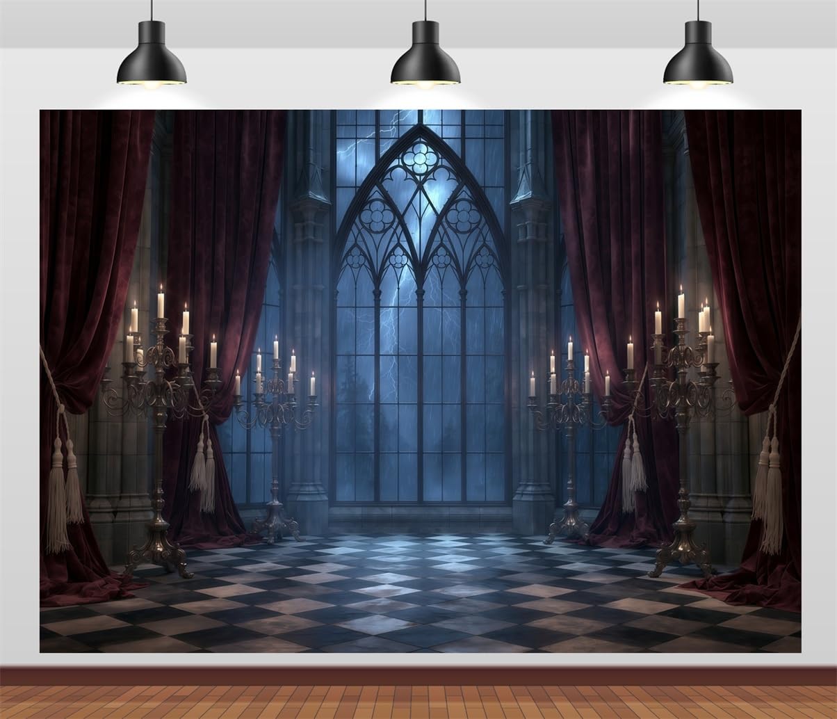 BELECO 3.6x3m Sfondo in tessuto Castello Gotico Palazzo Spaventoso | Finestra Ad Arco Inquietante Tempesta Tenda Candeliere Antico Sfondo Orrore Vampiro Halloween Telo Di Sfondo