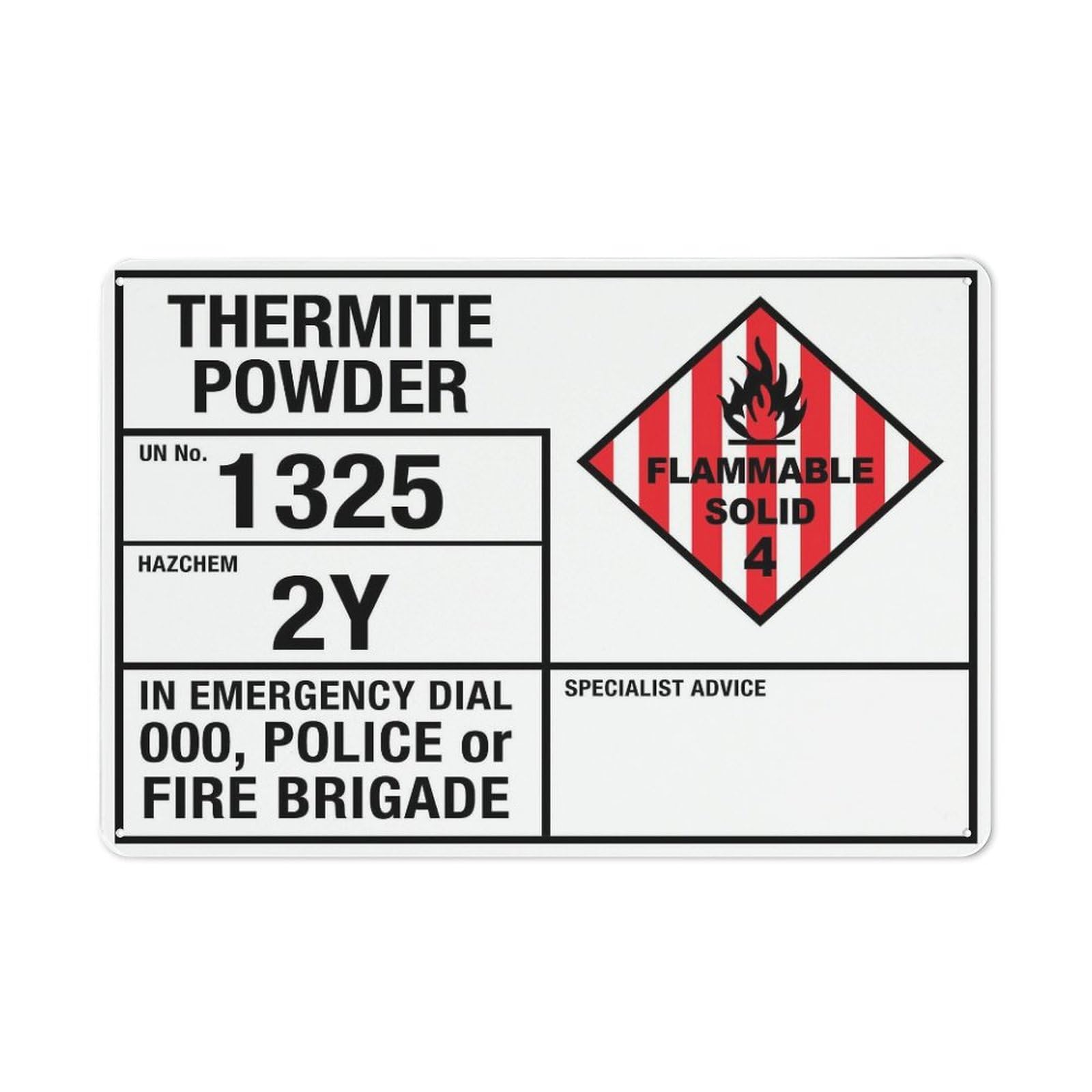 Xewazd A456 8"X12" Retro Metal Tin Sign - Thermite Powder (1325 2Y Emergency Information) | Funny Wall Decor For Shop Yard Man Cave Garage