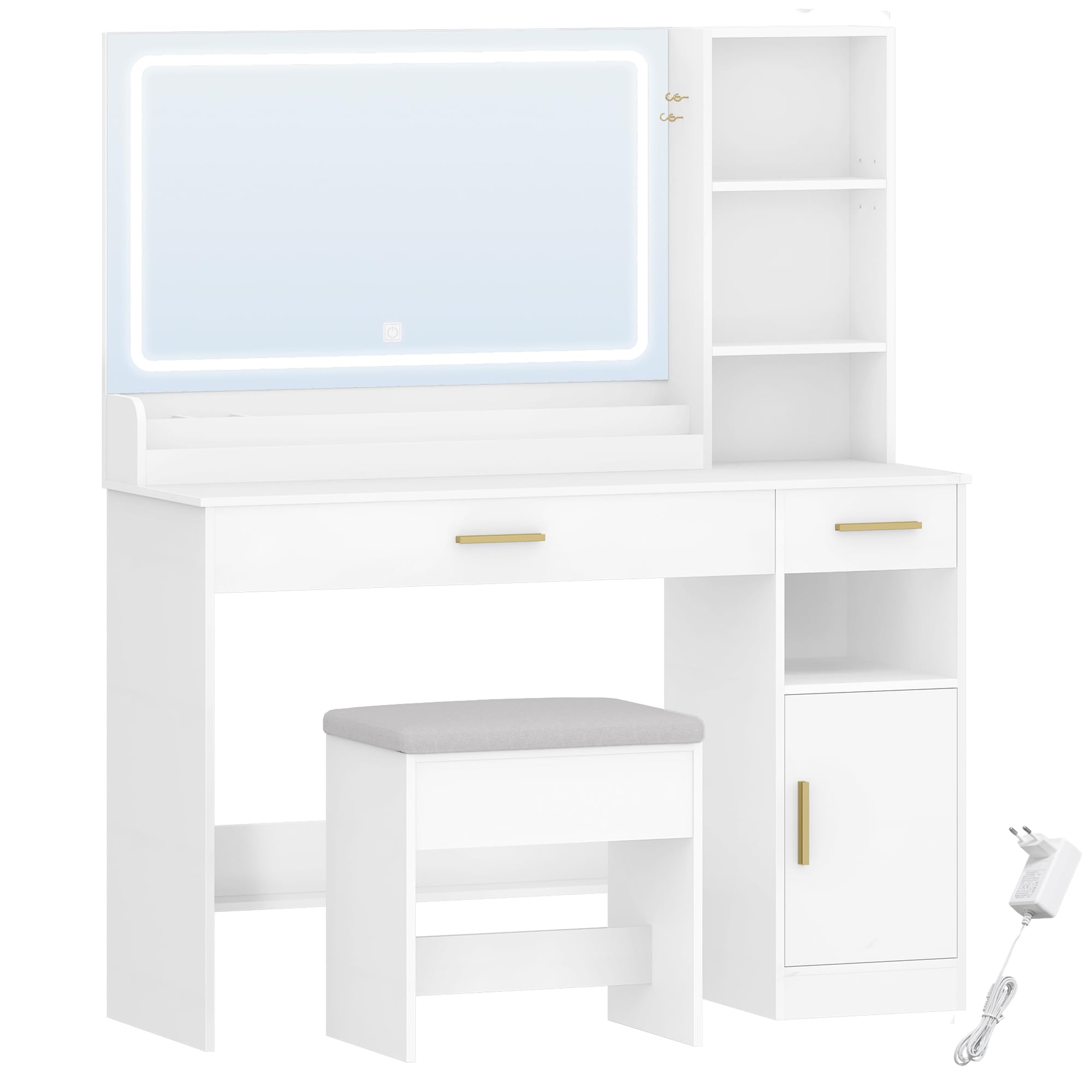 HEXCELEN Tocador con Taburete, Tocador de Maquillaje con Espejo y Luces LED con Brillo Ajustable, Mesa de Maquillaje, 2 Cajones, 4 Compartimentos y 1 Armario, 40 x 108 x 141 cm Blanco