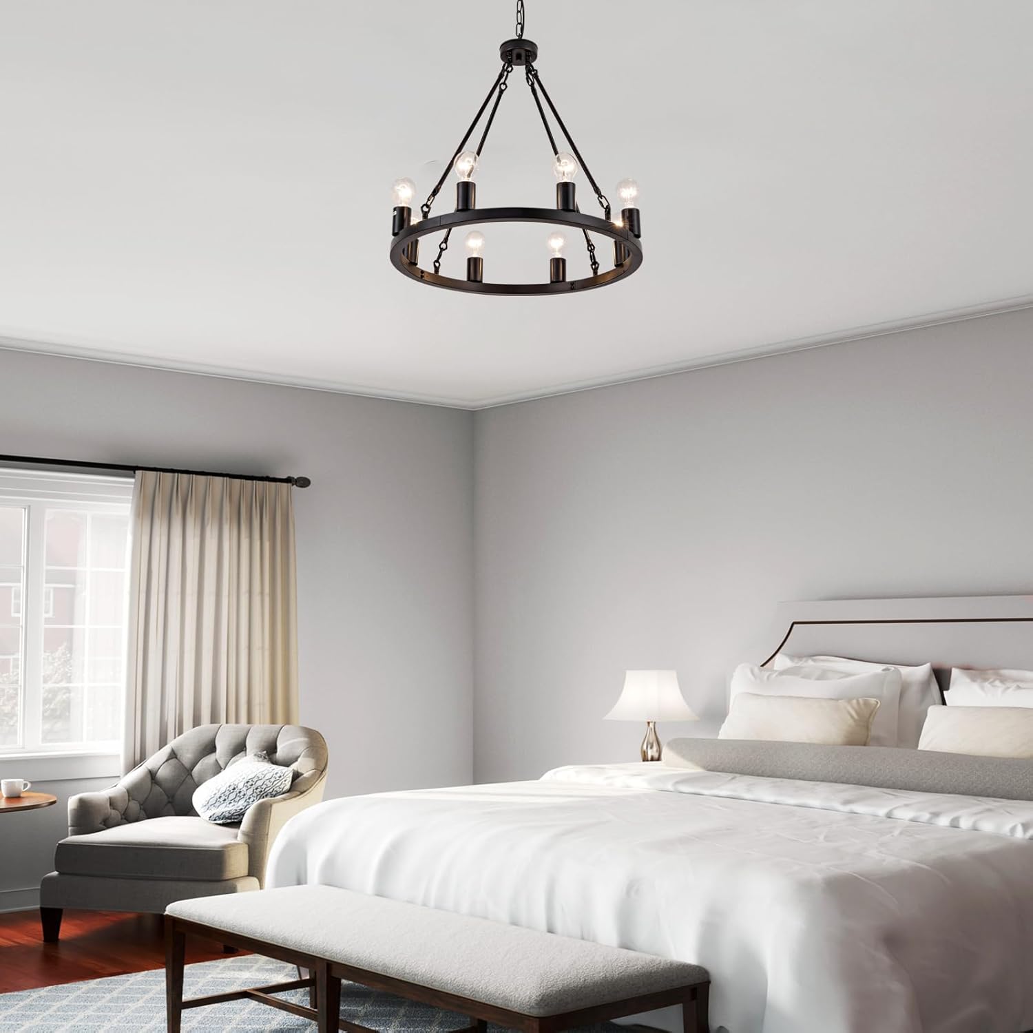 23.6 inch Wood Finish Wagon Wheel Chandelier, 8-Light Farmhouse Style Adjustable Height Round Iron High Ceiling Pendant Light with E26 Sockets for Living Room, Dining Room, and Foyer