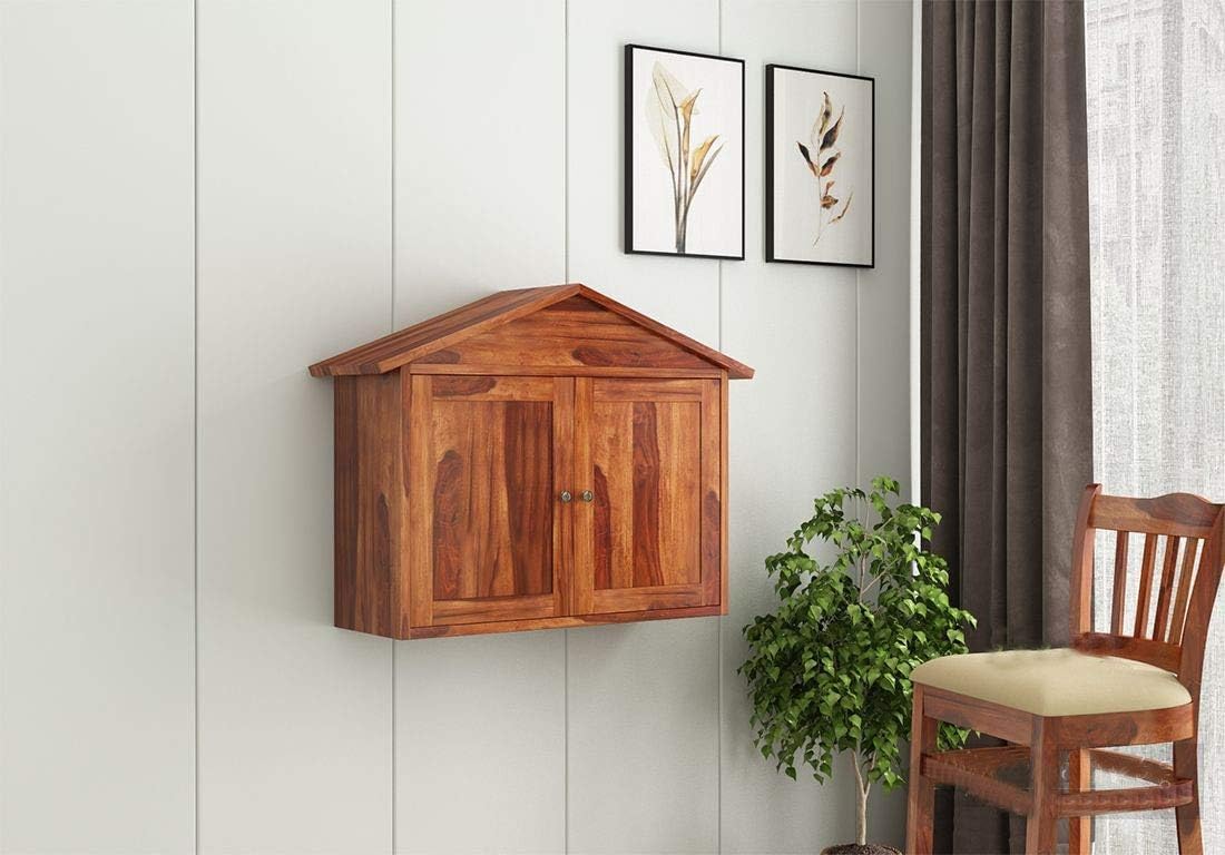 Wooden Wall Bar Cabinet | Wall Hanging Mini Bar for Home Wine Rack | Solid Wood Make Wine Storage Cabinet with Glass Hanging Space | Honey Finish-image-39