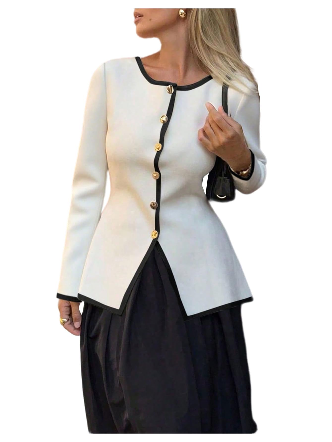 GORGLITTER Womens Long Sleeve Button Up Sweater Split Front Contrast Trim Work Dressy Knitted Cardigan