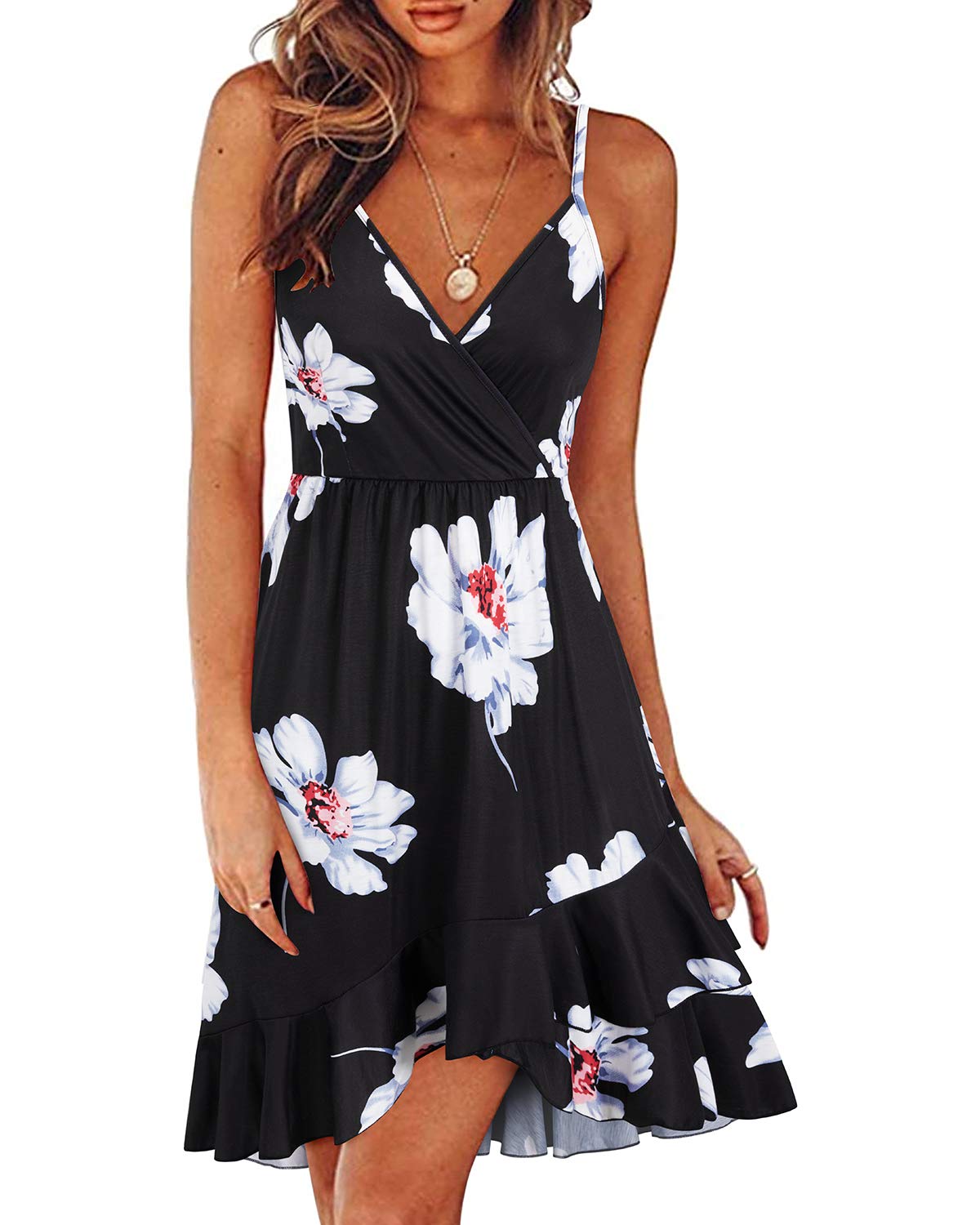 ULTRANICE Womens Summer Dresses Floral V Neck Ruffled Hem Spaghetti Spring Casual Beach Outfits Flowy Wrap Sun Dress