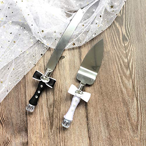 Abbie Home Bride and Groom Dressed Wedding Cake Knife Server Set with Rhinestone Bow Tie Decoration (DC9013)
