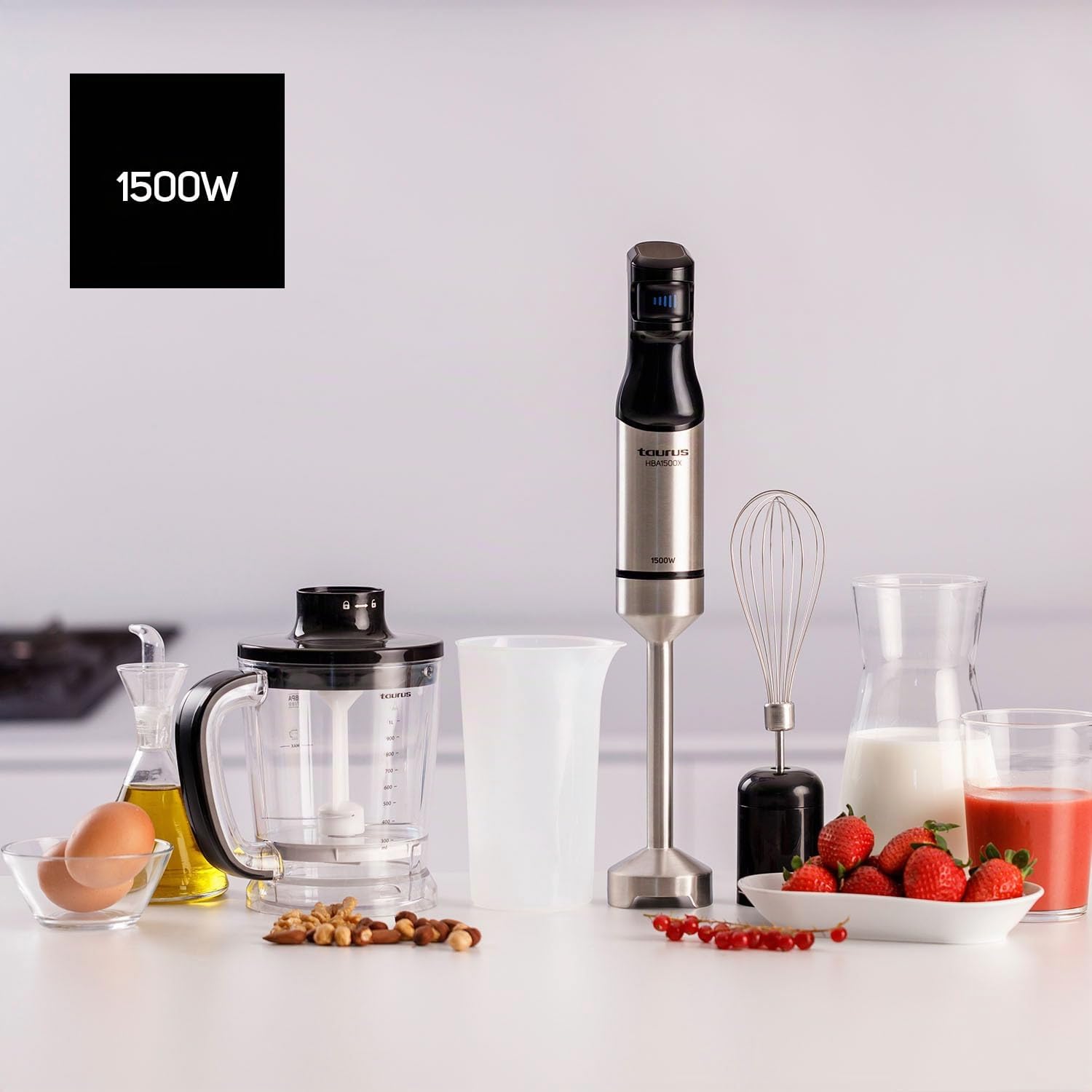Taurus - Batidora de mano HBA1501X 1500W | Regulador de 20 velocidades ajustable | Función Turbo | Cuchillas de acero inoxidable | Pica hielo | Diseño ergonómico | Vaso medidor 700 ml | Inoxà