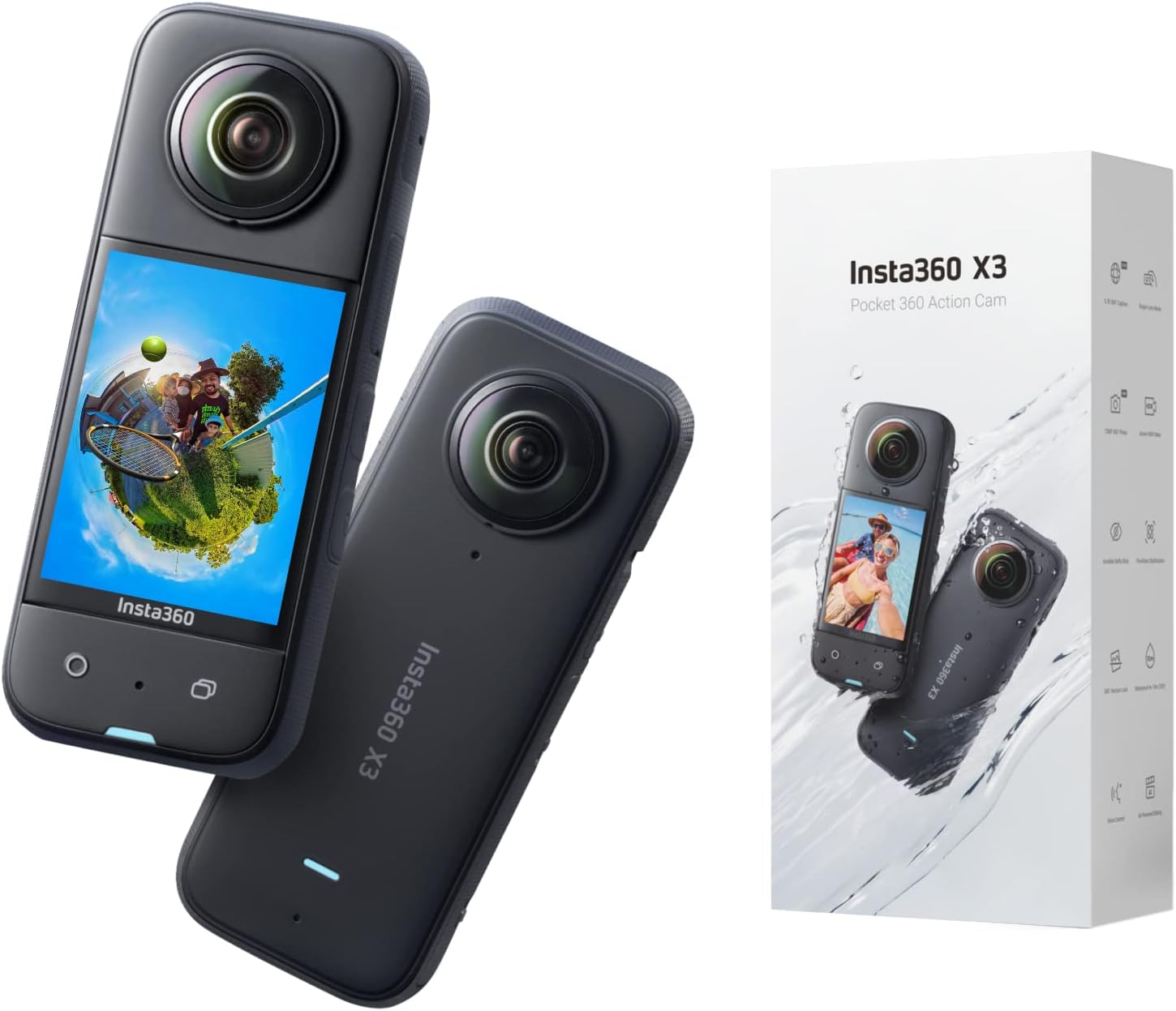 X3 - Waterproof 360 Action Camera with 1/2" 48MP Sensors, 5.7K 360 Active HDR Video, 72MP 360 Photo, 4K Single-Lens, 60fps Me Mode, Stabilization, 2.29" Touchscreen, AI Editing, Live Stream