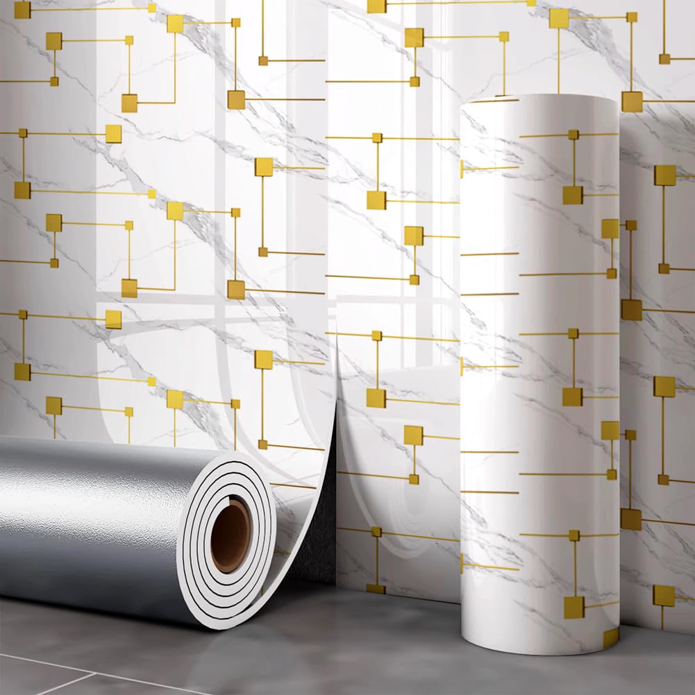 40x300cm Glossy Marble Peel and Stick Wallpaper,Waterproof Wall Sticker Waterproof Self-Adhesive Vinyl Wallpaper for Kitchen Bathroom Worktop (White7)