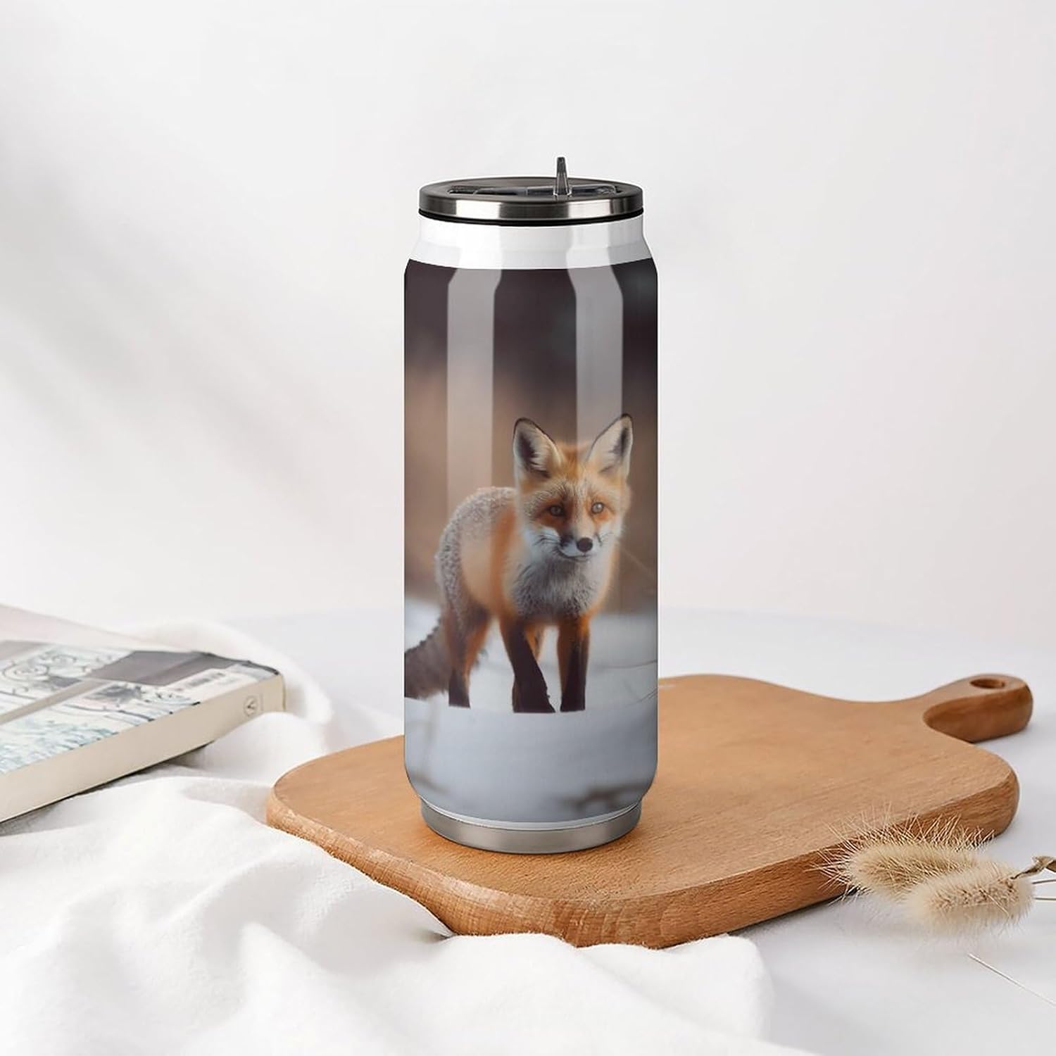 Stainless Steel Cups Cute Fox Printed Coke Cup Stainless Steel Insulated Cups with Lid And Straw