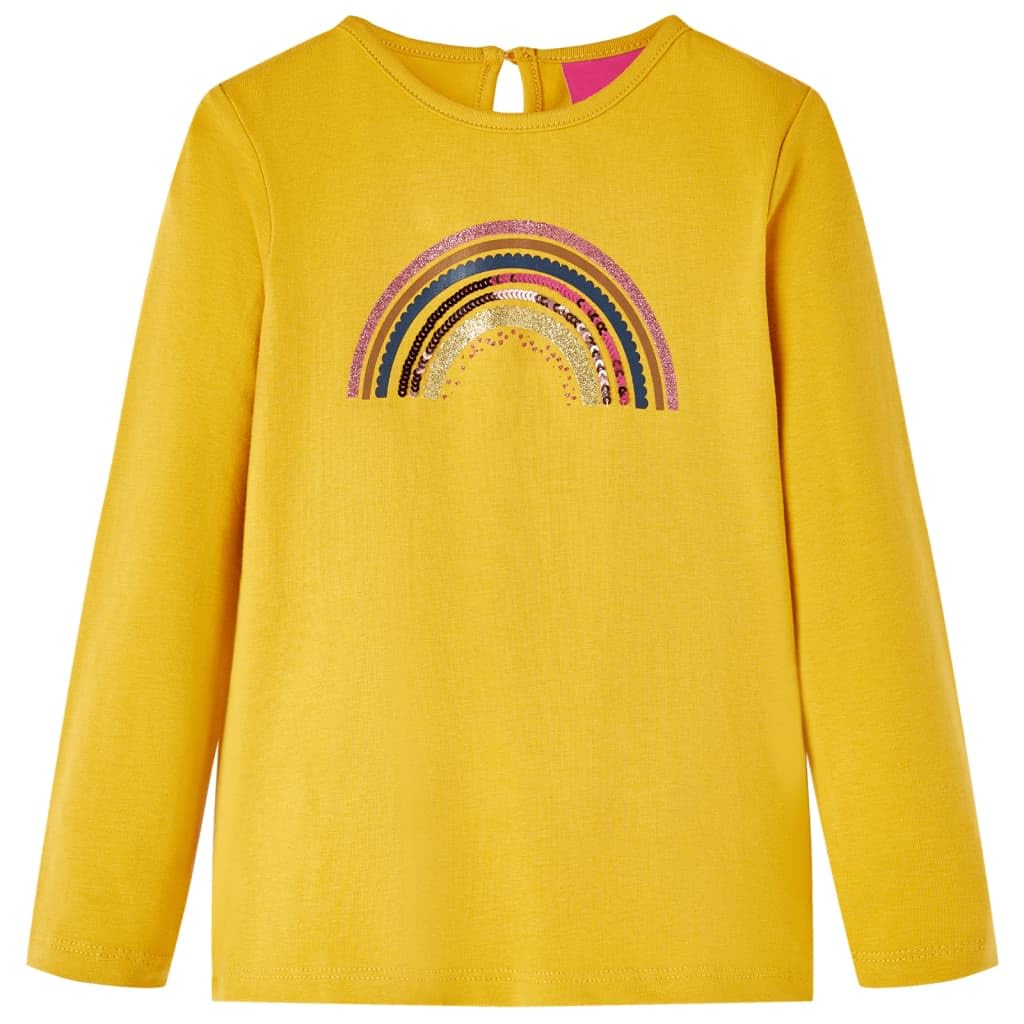 Maglietta a maniche lunghe per bambini, colore ocra, in cotone con motivo arcobaleno, taglia per bambini, traspirante e morbida, ideale per tutti i giorni, scuola, tempo libero, primavera e