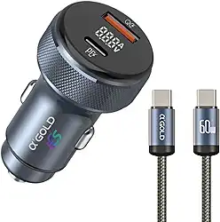 Carregador para Carro Veicular Tipo C 60W Cabo Trançado 1 Metro Carregador Homologado Premium (Cinza)