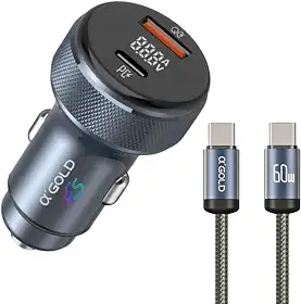 Carregador para Carro Veicular Tipo C 60W Cabo Trançado 1 Metro Carregador Homologado Premium (Cinza)