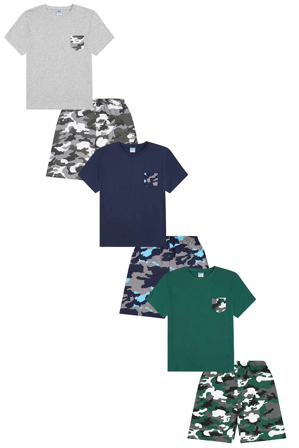 ThePyjamaFactory Boys Camouflage Short Green Grey Navy 3 Pack Pyjamas PJs For Kids (12-13 Years)