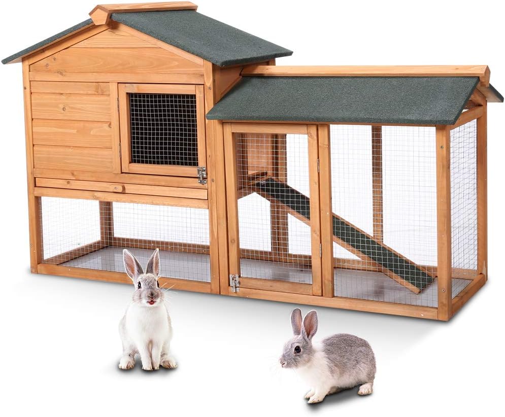 Cheerforu Two-Storey Wooden Rabbit Hutch Guinea Pig Hutch with 2 Doors Extended Rabbit Run Outdoor Slide-out Tray Tortoise House 147x85x53cm