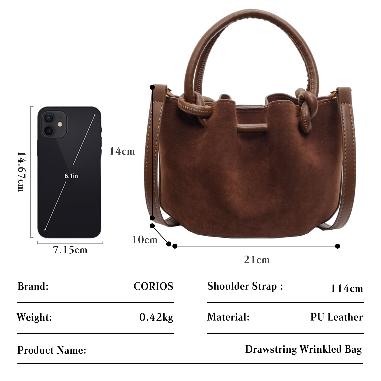 CORIOS Bolsa de Cubo con Cordóne para Mujer PU Cuero Bolso de Mano Impermeable Bolsos de Hombro Pequeña Bolsa Shopper Elegante Bolso Tote Moda Bolso Bandolera Trabajo Viajes Bolso Cruzados Marrón