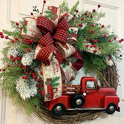 Uposao Red Truck Christmas Wreath for Front Door Decor Rustic Natural Rattan Wreath with Buffalo Plaid Bowknot and Red Berry - Image 4