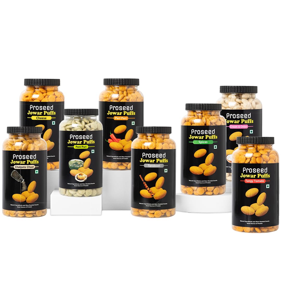 Proseed Jowar Puffs (Assorted Pack) | 150g x 8 Packs (Total 1200g) | Slow Roasted & 100% Veg | No Refined Flour, Sugar & Trans-Fat | Gluten Free | No Palm Oil | Healthy Travel Friendly Millet Snacks