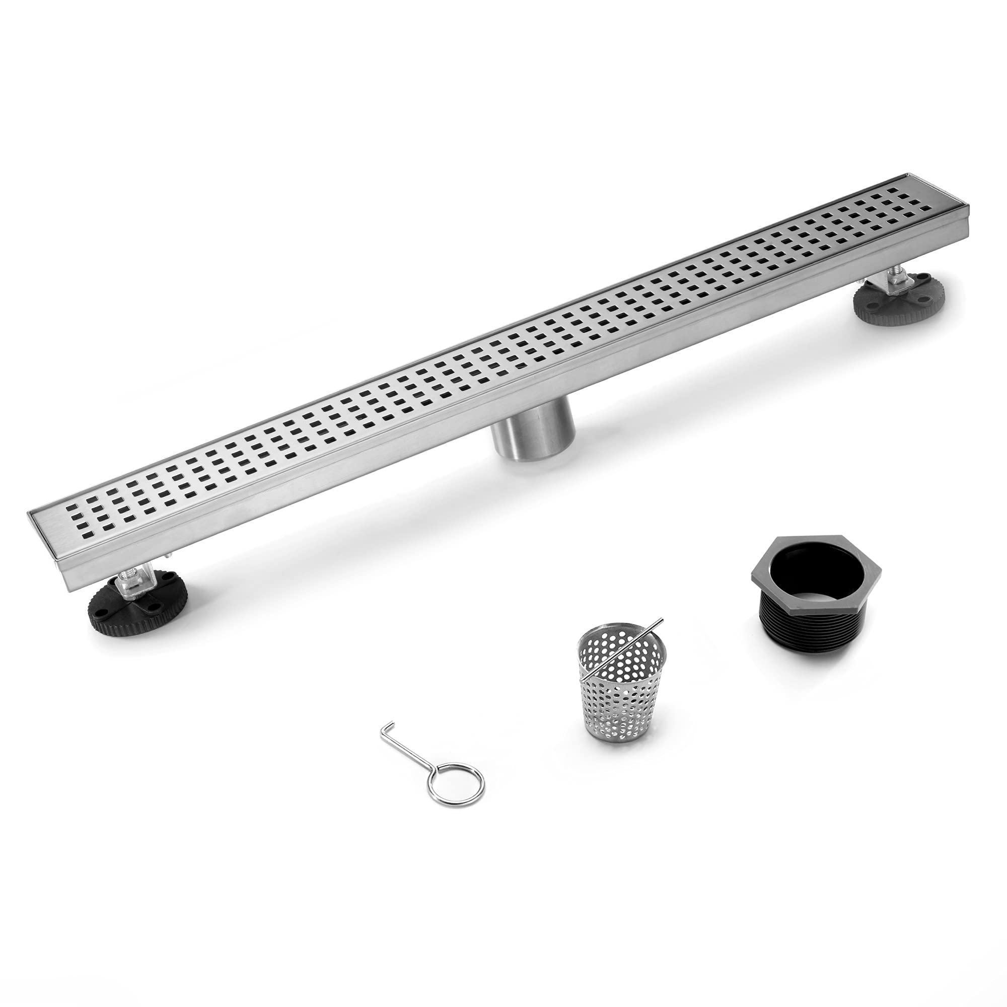 HEATGENE Liniowy odpływ prysznicowy 61 cm, prostokątny odpływ podłogowy ze stali nierdzewnej ze zdejmowaną kratką kwadratową, odpływ prysznicowy z sitkiem do włosów, szczotkowany