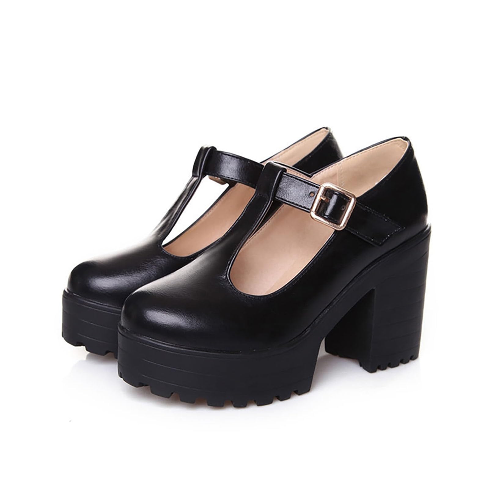 Scarpe da donna eleganti con plateau, in pelle, stile Mary Jane, comode