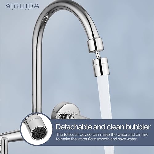 Miniatura 5 de Airuida Grifo de fregadero de cocina de montaje en pared cromado de 8 pulgadas, centro de doble mango, montaje en pared, grifo de fregadero de