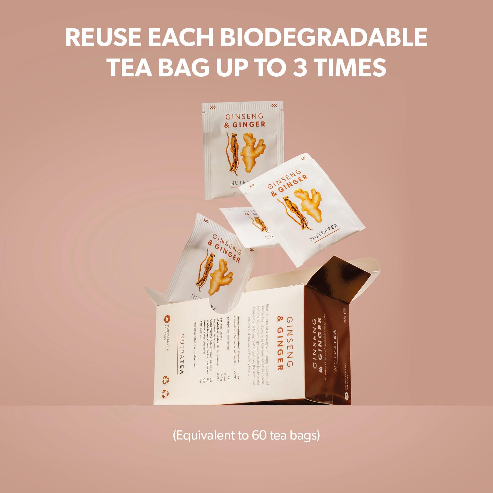 Nutra Tea Té de jengibre y ginseng, 120 bolsas envueltas individualmente, infusión de hierbas (paquete de 6)