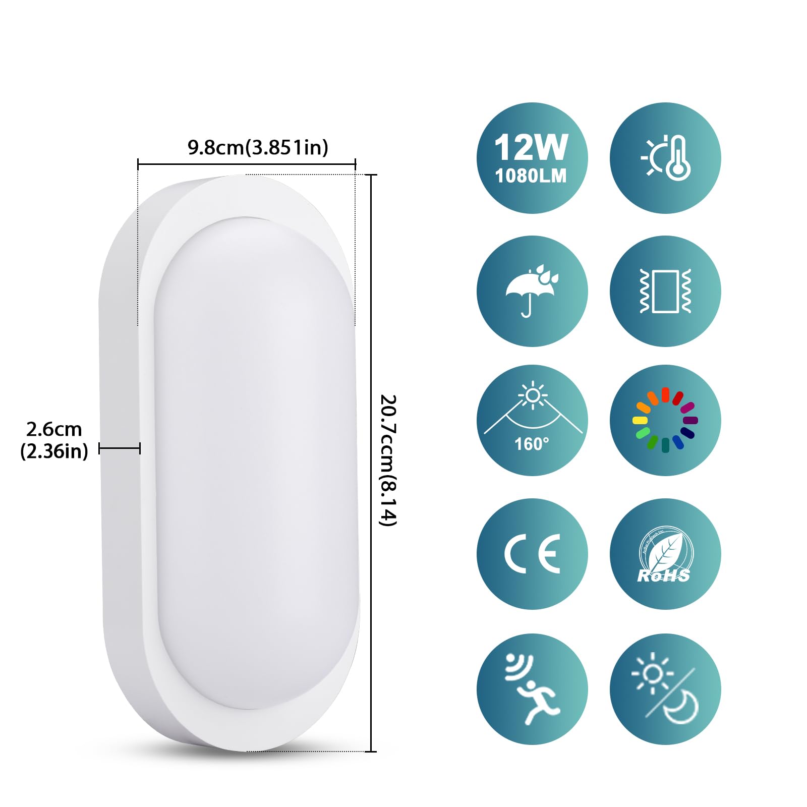 2 Pezzi Lampada LED per Cantina con Sensore di Movimento, 12W 1200LM IP65, Plafoniera LED Ovale 4000K Bianco Neutro, per Interni Umidi come Scale Garage Corridoio