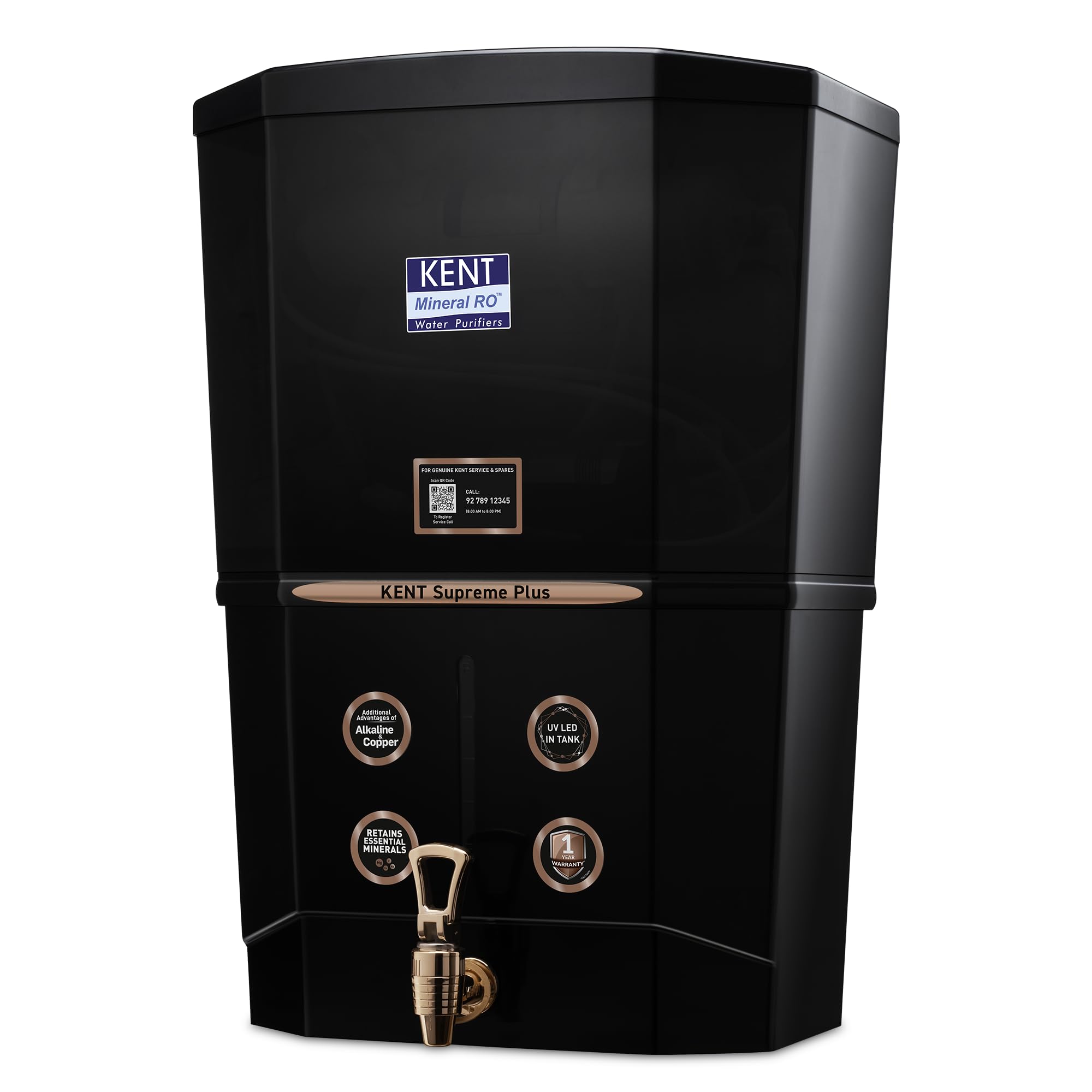 - KENT Supreme Plus Alkaline+Copper RO Water Purifier | RO+UV+UF+Alk +Cu+TDSControl+UV LED Tank|Advanced ROTech for SabseShudh Paani |Auto Flush| 8L|20LPH| Ideal for Borewell/Tanker/MunicipalWater|Black