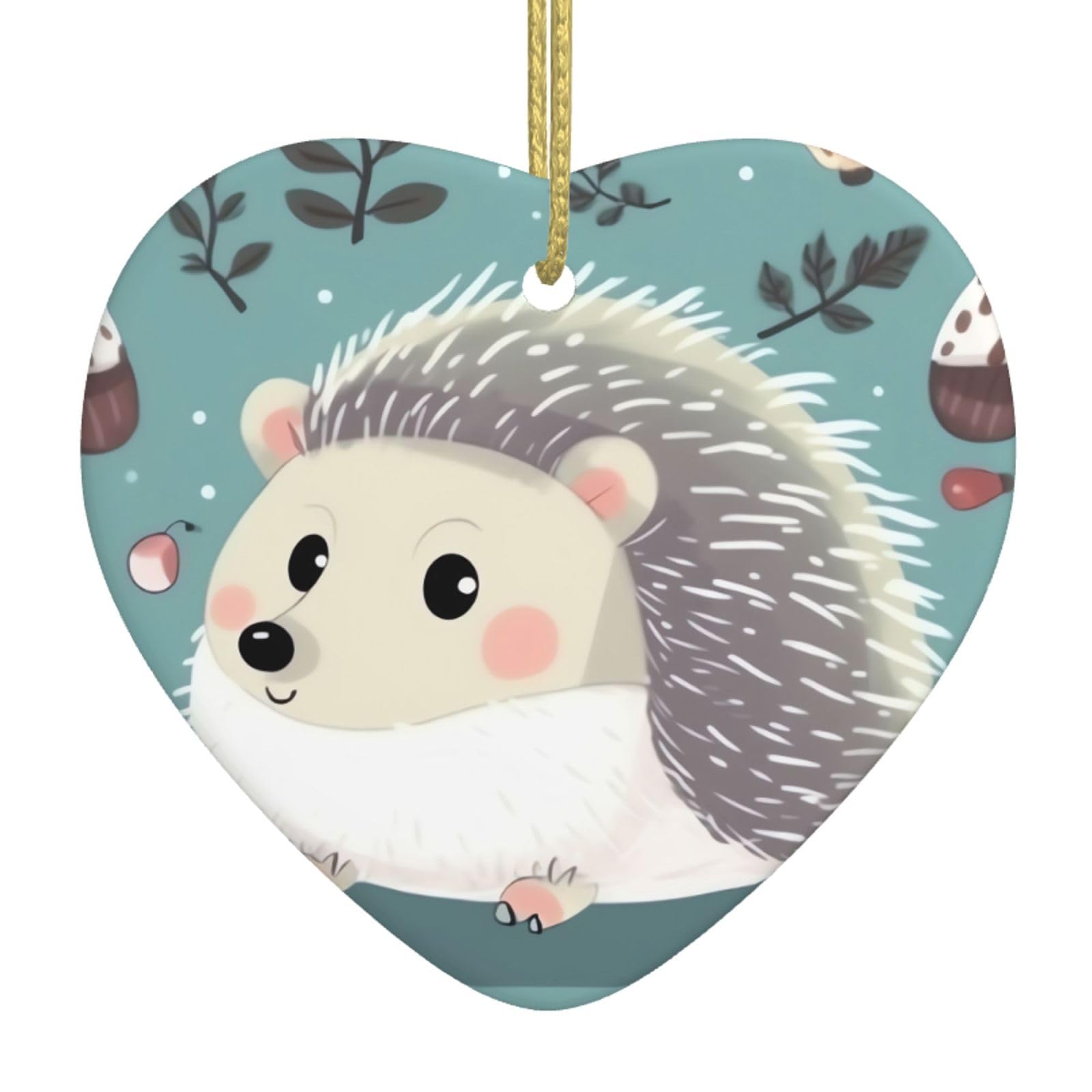 Cute Cartoon Hedgehog Christmas Ornament 2025 Heart Ceramic Hanging Ornaments for Home Decor Christmas Decorations with Gold Rope Double-Sided Xmas Tree Ceramic Hanging for Holiday Party