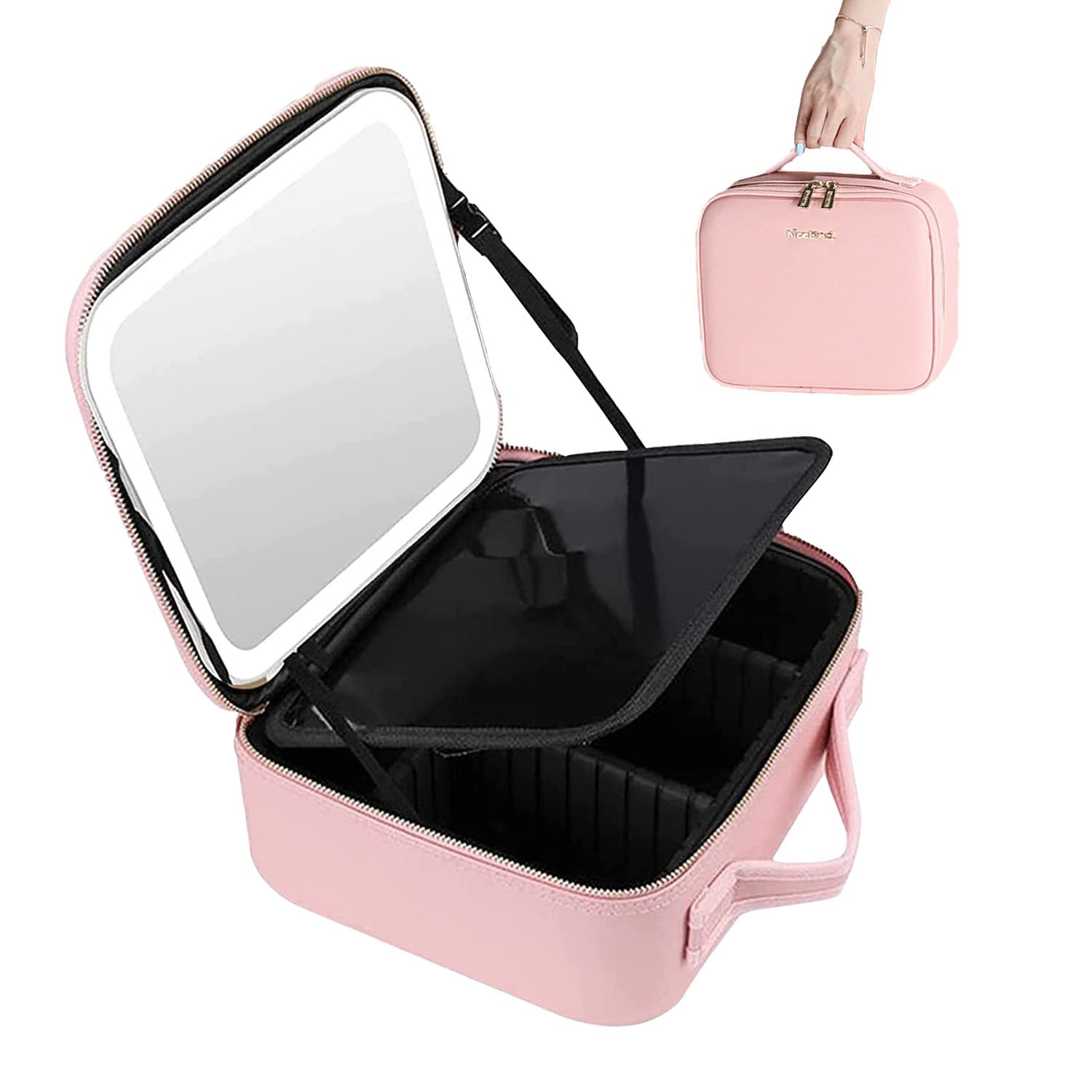 Yopyuenn Neceser de maquillaje con espejo y luz, bolsa de cosméticos de viaje portátil con espejo LED, impermeable, Rosa., bolsa de maquillaje con espejo y luz