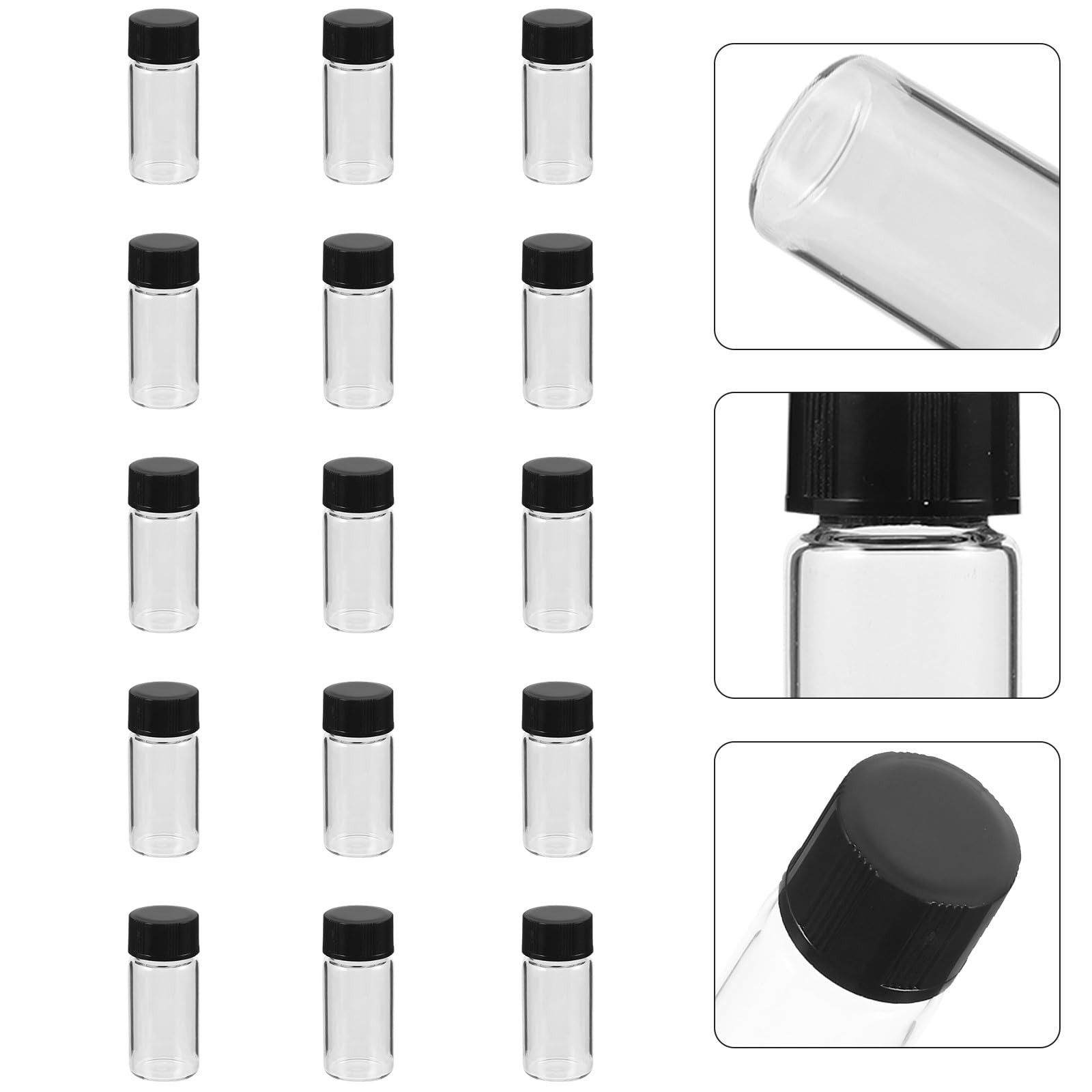 Muestra de Vidrio Transparente de 5ml, 100 Unidades | Fondo Plano, Tapa Roscada Negra, Paquete de 100 Piezas, Formato Compacto para Laboratorio