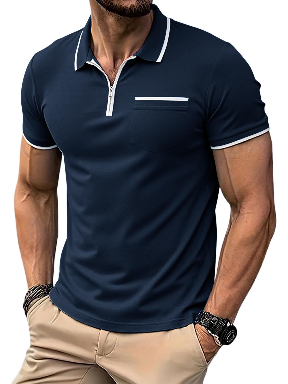 Runcati Herren Poloshirt Kurzarm Sommer Golf T-Shirt Einfarbig Slim Fit Polohemd Männer Casual Tennis Sport Shirt Basic Freizeit Poloshirts mit Reißverschluss