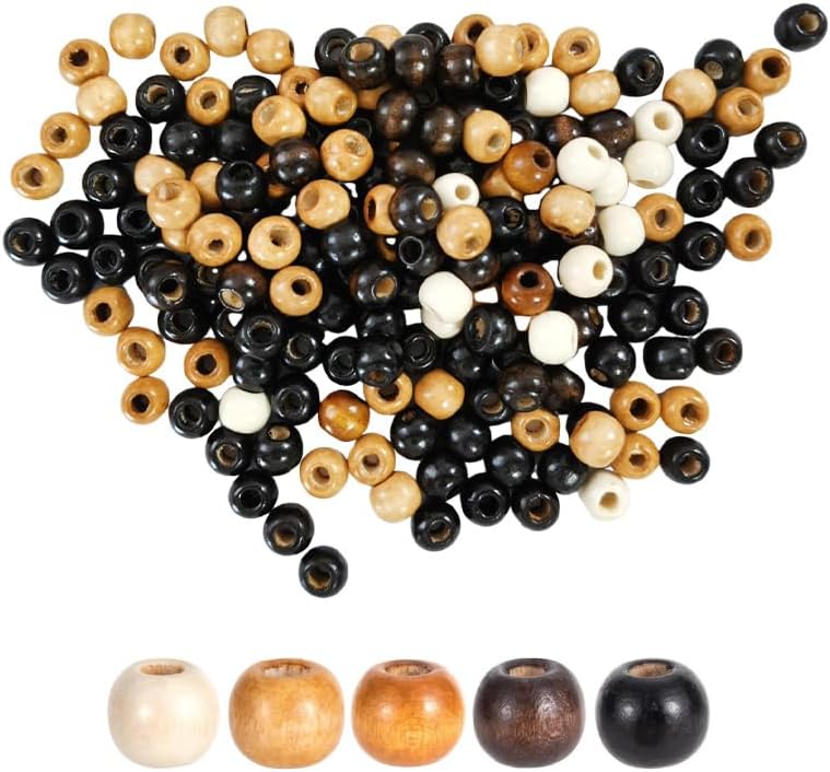 500pcs Large Hole Wooden Beads for Crafts 5 Colors 9X10mm Vintage Round Natural Wood Hair Beads for Macrame Necklace Bracelet Hair DIY Handmade Decor