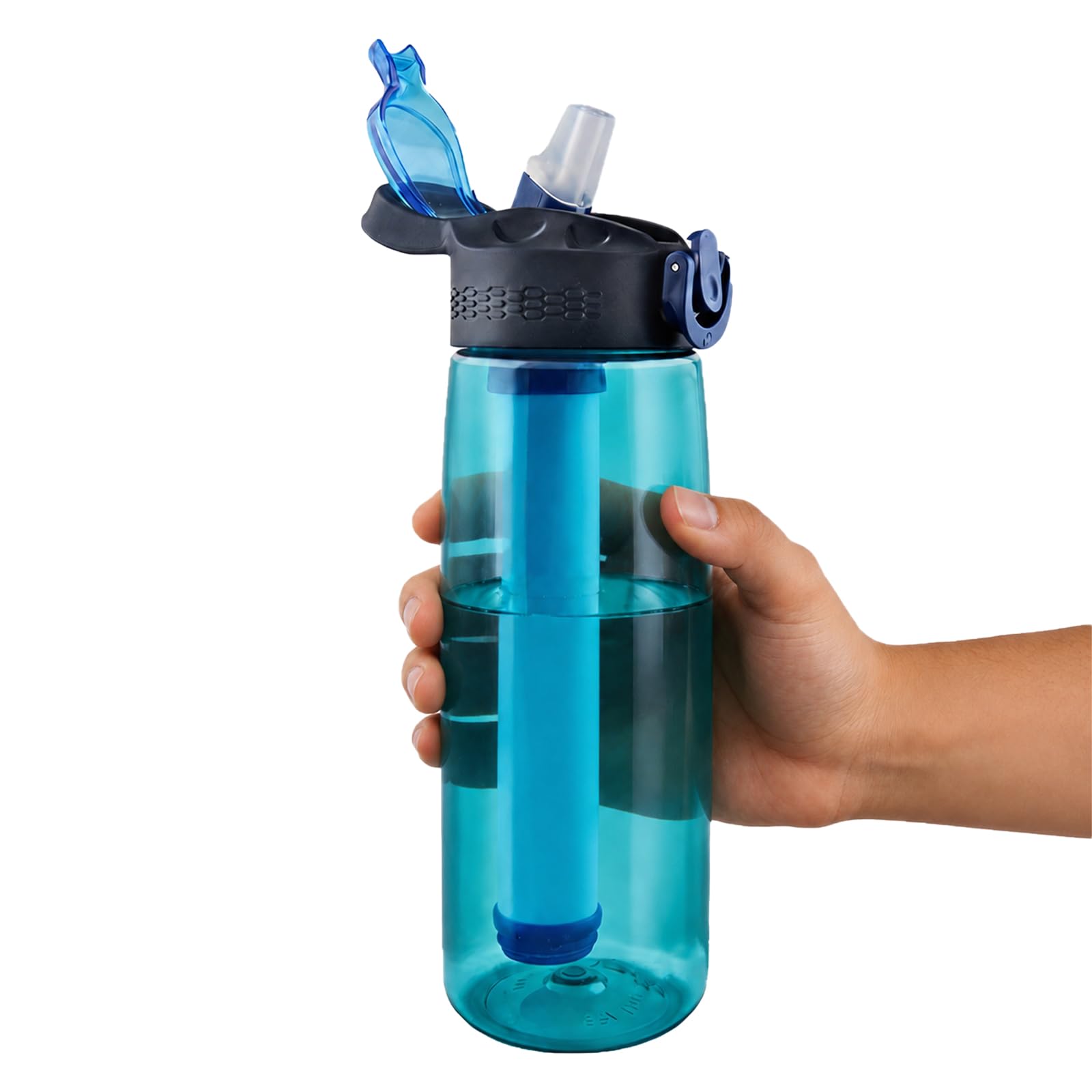 Botella con filtro de agua para exteriores, 650 ml, color cian