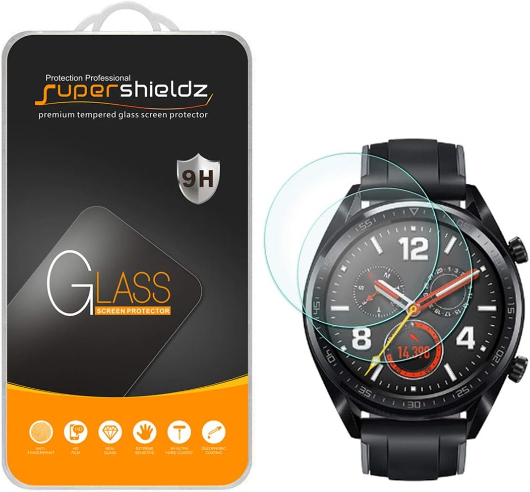 Supershieldz (paquete de 2) diseñado para Huawei Watch GT y Watch GT Protector de pantalla de vidrio templado activo, 0.33mm, anti arañazos, sin burbujas