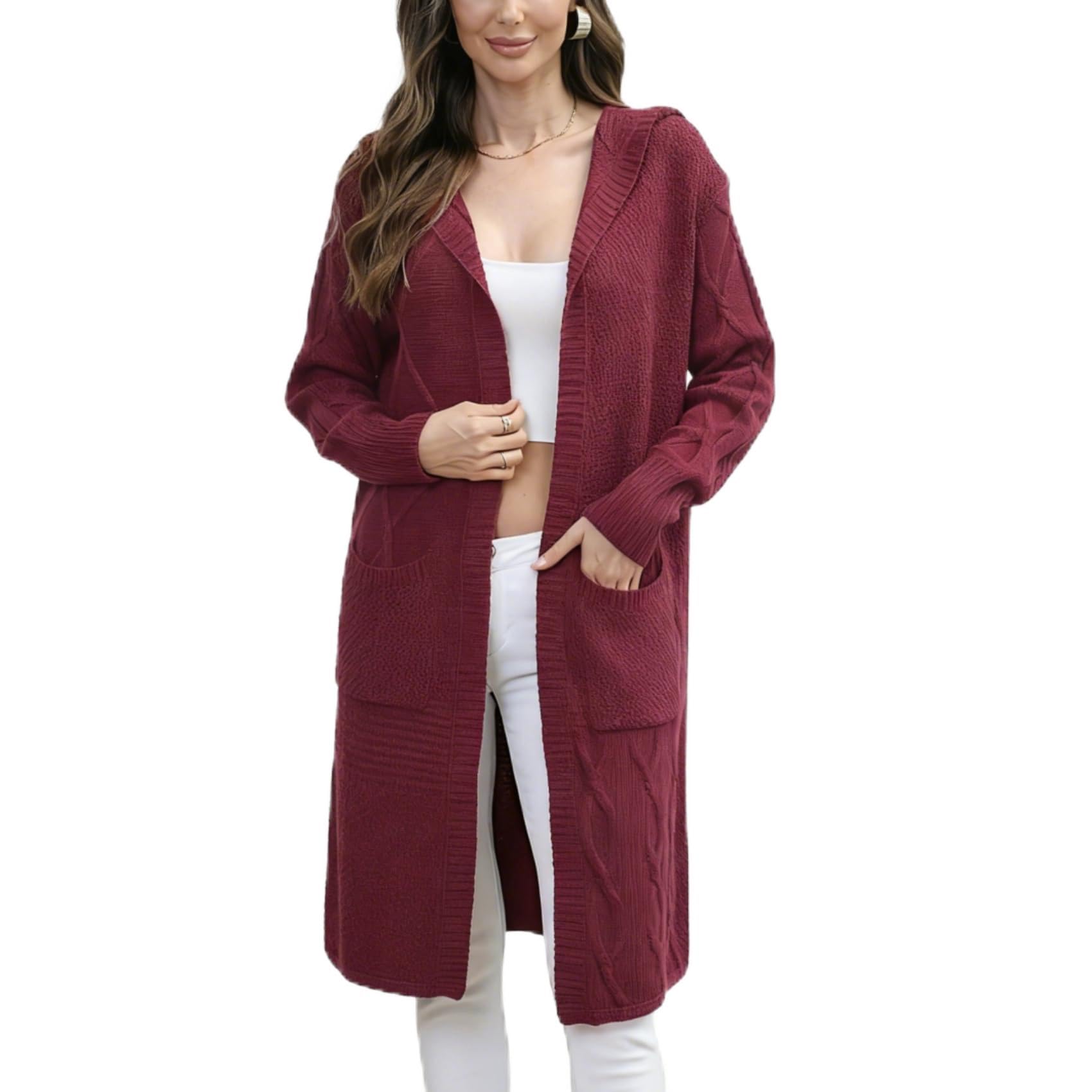Womens Cable Cardigan Long Sweater - Solid Color Knit Hooded with Pockets - Fall Winter Long Sleeve Jacket
