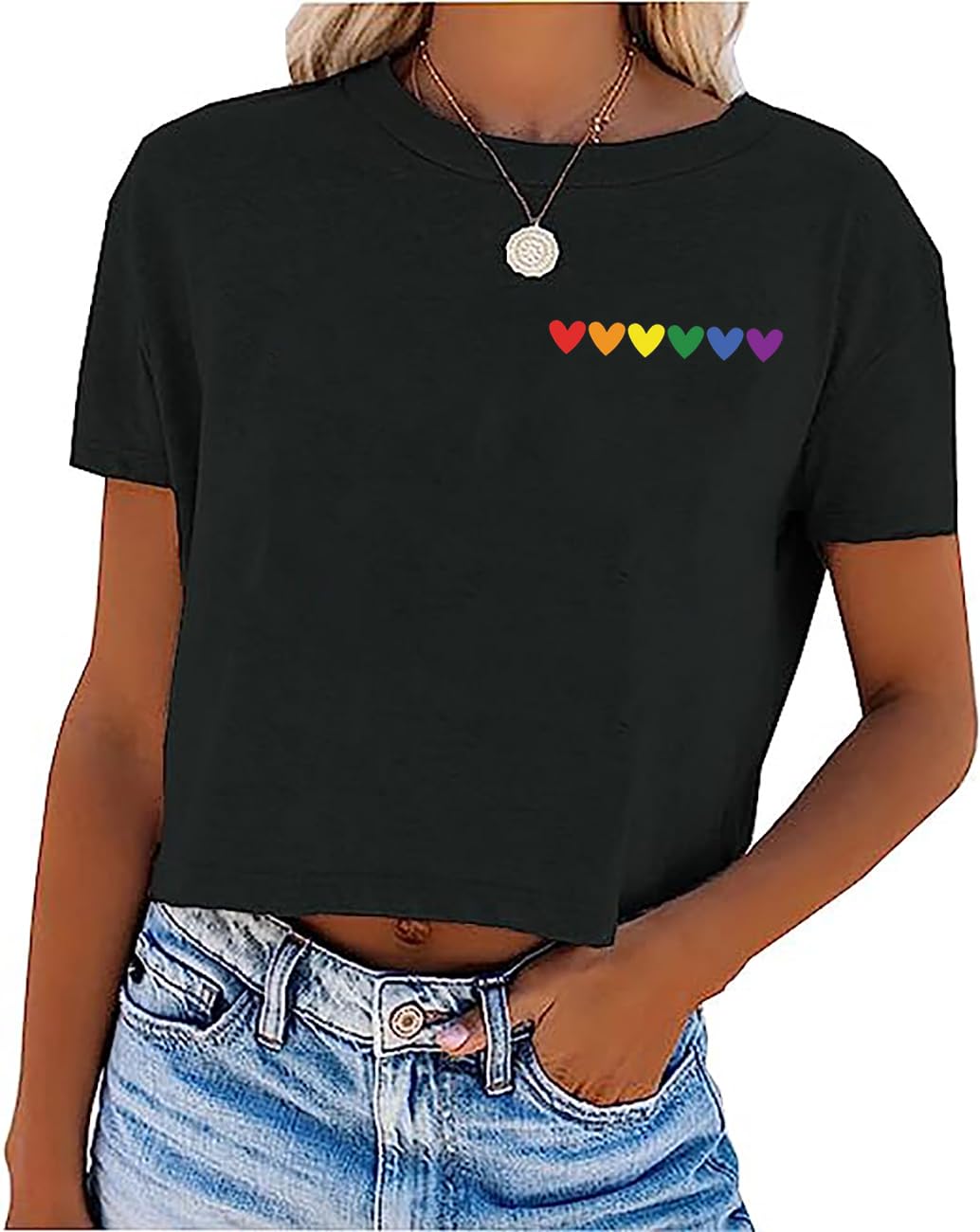 LGBT Crop T Shirt for Women Gay Pride Tshirt Cute Rainbow Hearts Graphic Tees Short Sleeve Lesbian Gay Shirt