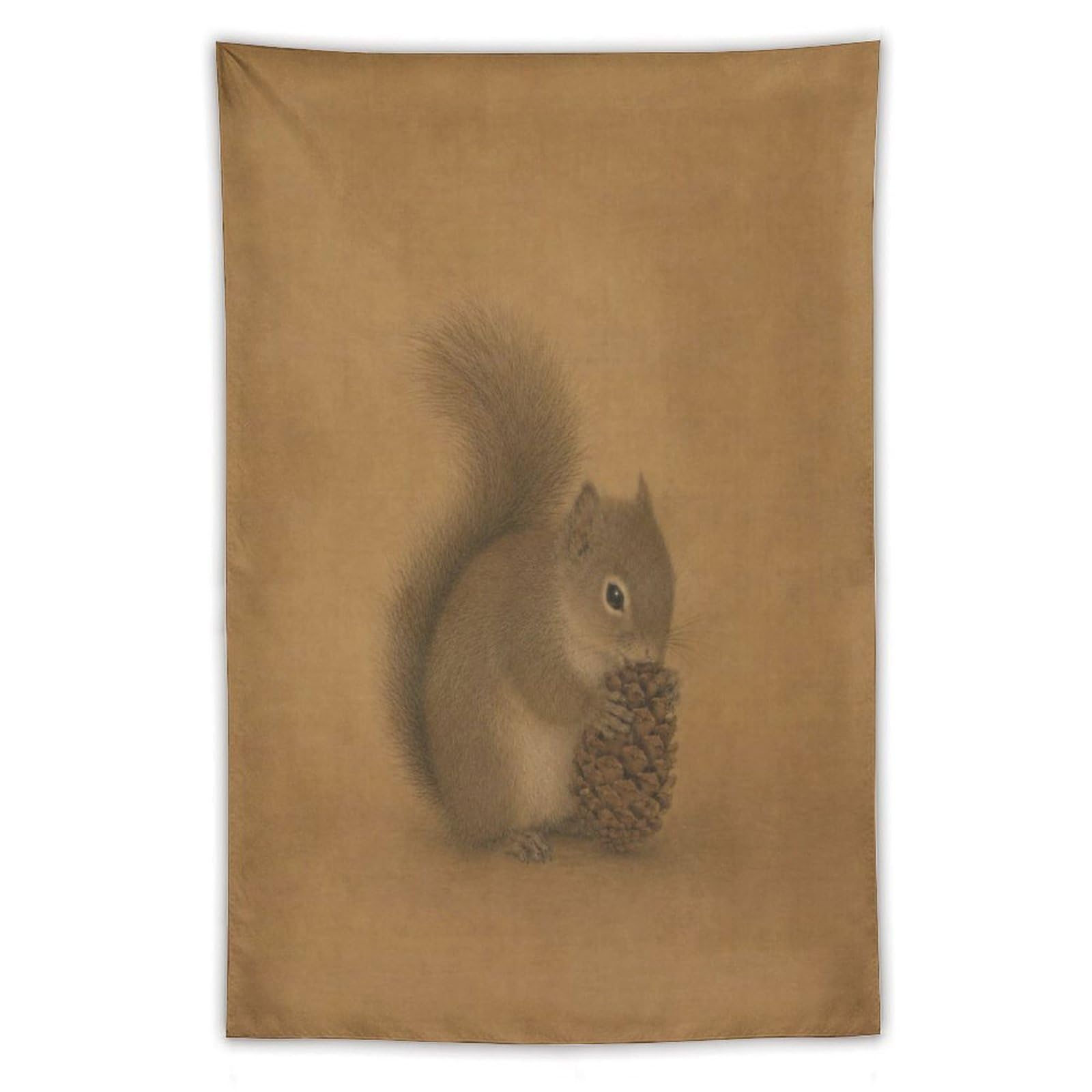 Tiny Squirrel with Acorn Wall Tapestry, Realistic Illustration, Bed