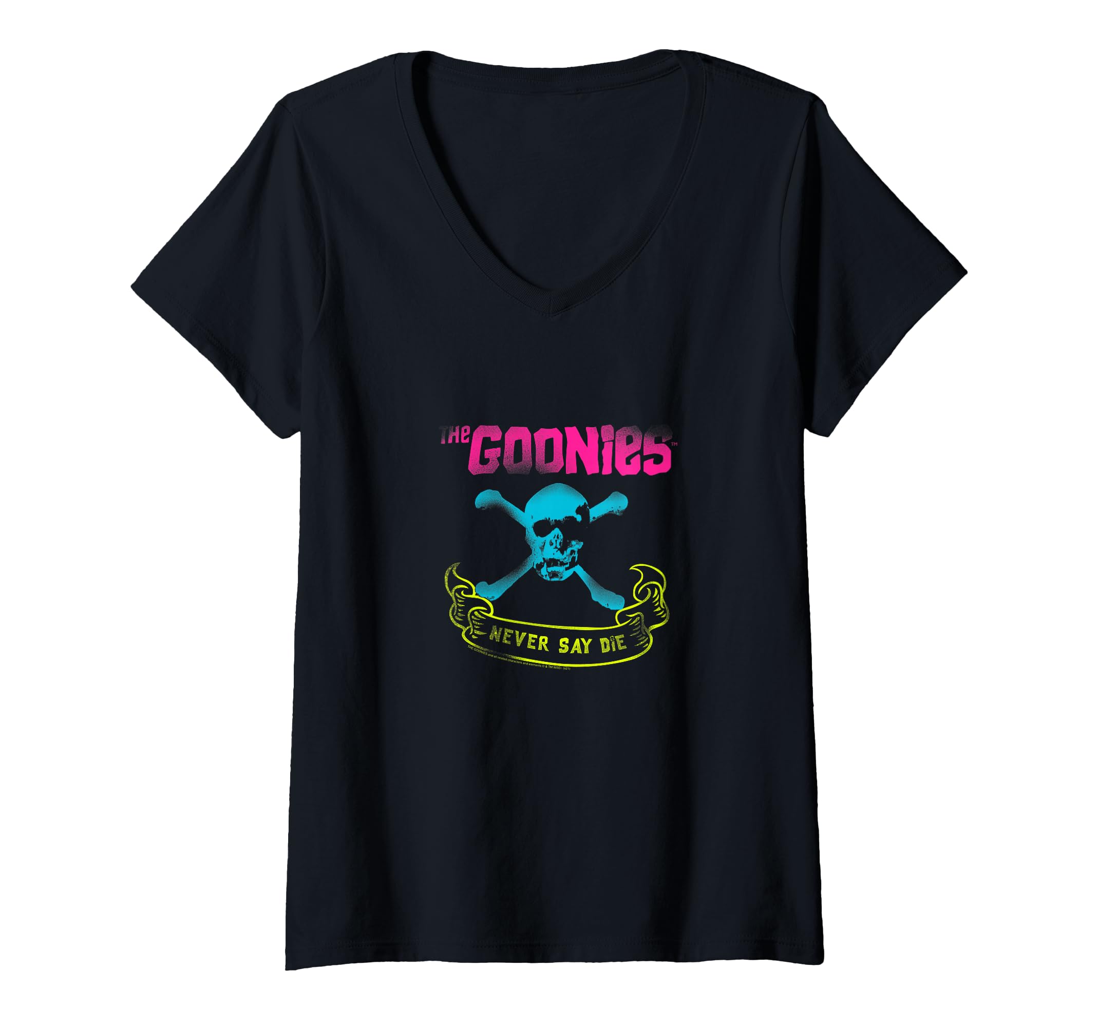 Womens The Goonies Neon Never Say Die Spray Paint Movie V-Neck T-Shirt