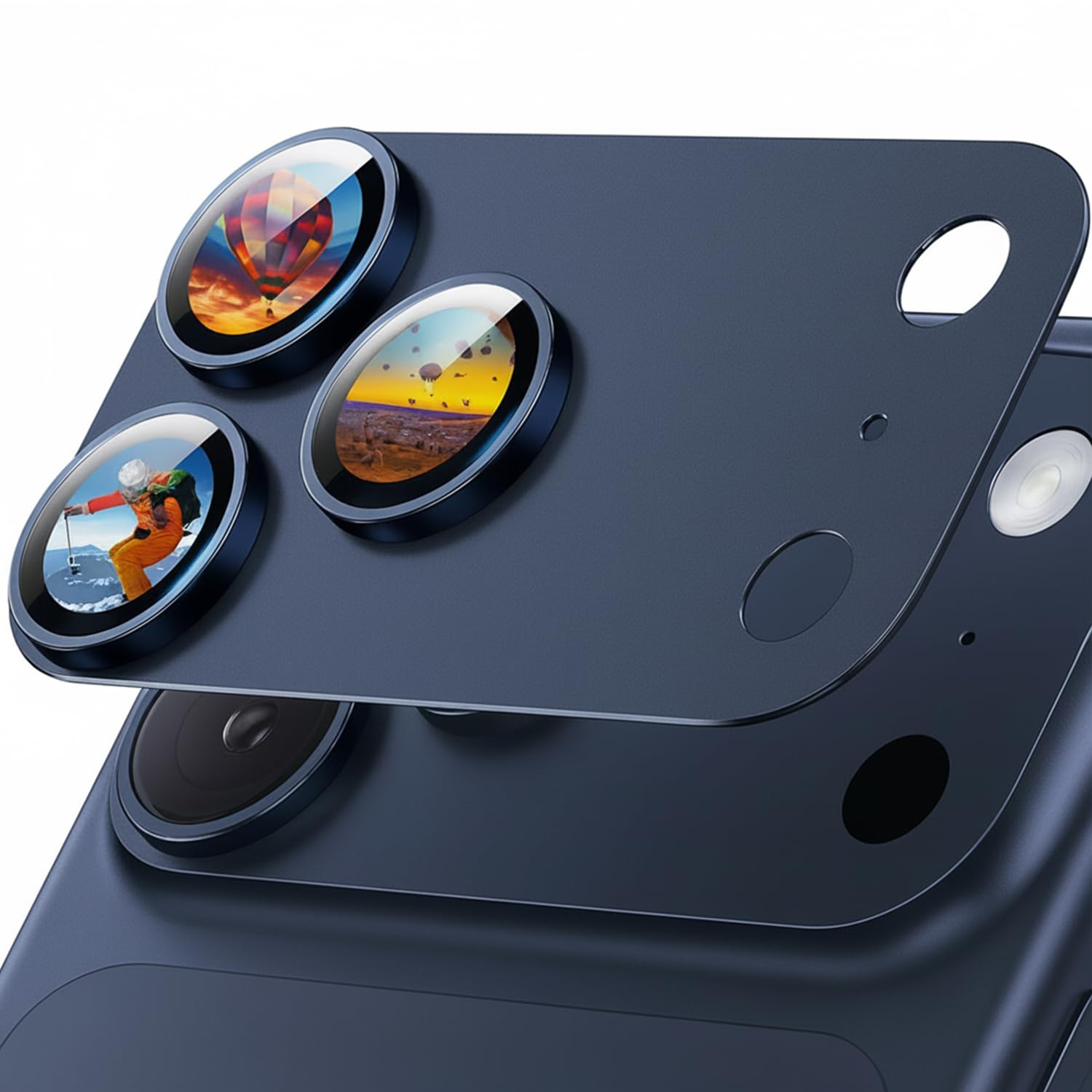 Ochrona Obiektywu Aparatu dla iPhone 17 Pro [Oryginalne Zdjęcia] Hartowane Szkło 9H i Ramka ze Stopu Aluminiowego Lotniczego, HD klarowność, łatwa instalacja, głębinowy błękit