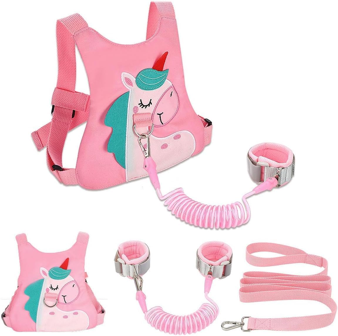 3 in 1 Toddler Harness Leash + Baby Anti Lost Wrist Link, Cute Pattern Child Safety Harness Tether, Kids Walking Wristband Assistant Strap Belt for Parent Girls Outdoor Activity (Pink unicorn)