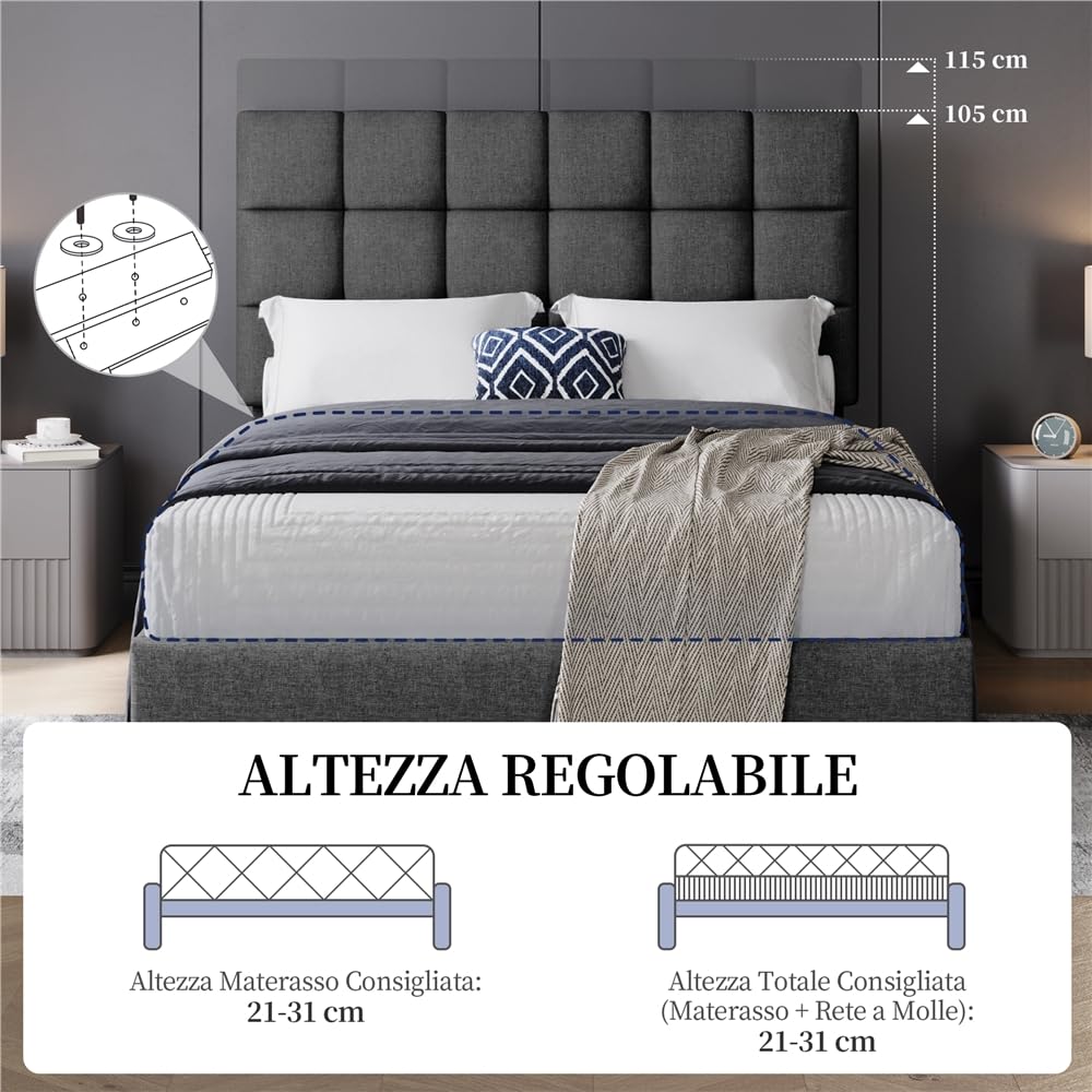 Yaheetech Letto Imbottito 140 x 200 cm con Testiera Quadrata Altezza Regolabile Doghe in Legno Grigio Scuro