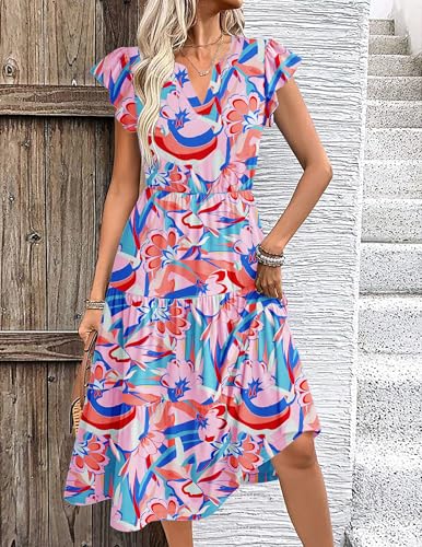 Image of ZEAGOO Womens Summer Casual Dresses Ruffle Sleeve V Neck Midi Dress Flowy Tiered Dress with Pockets Boho Sundresses